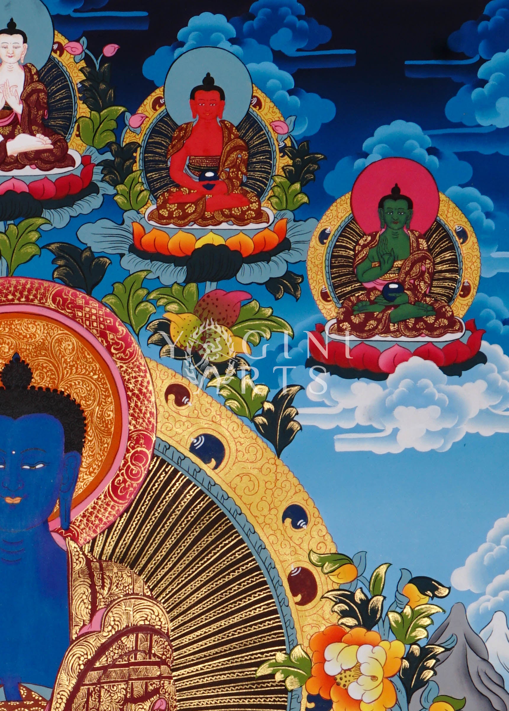 Hand-painted Medicine Buddha thangka featuring the Tibetan Buddha of Healing seated on a lotus throne with sacred gold detailing and vibrant Himalayan symbolism