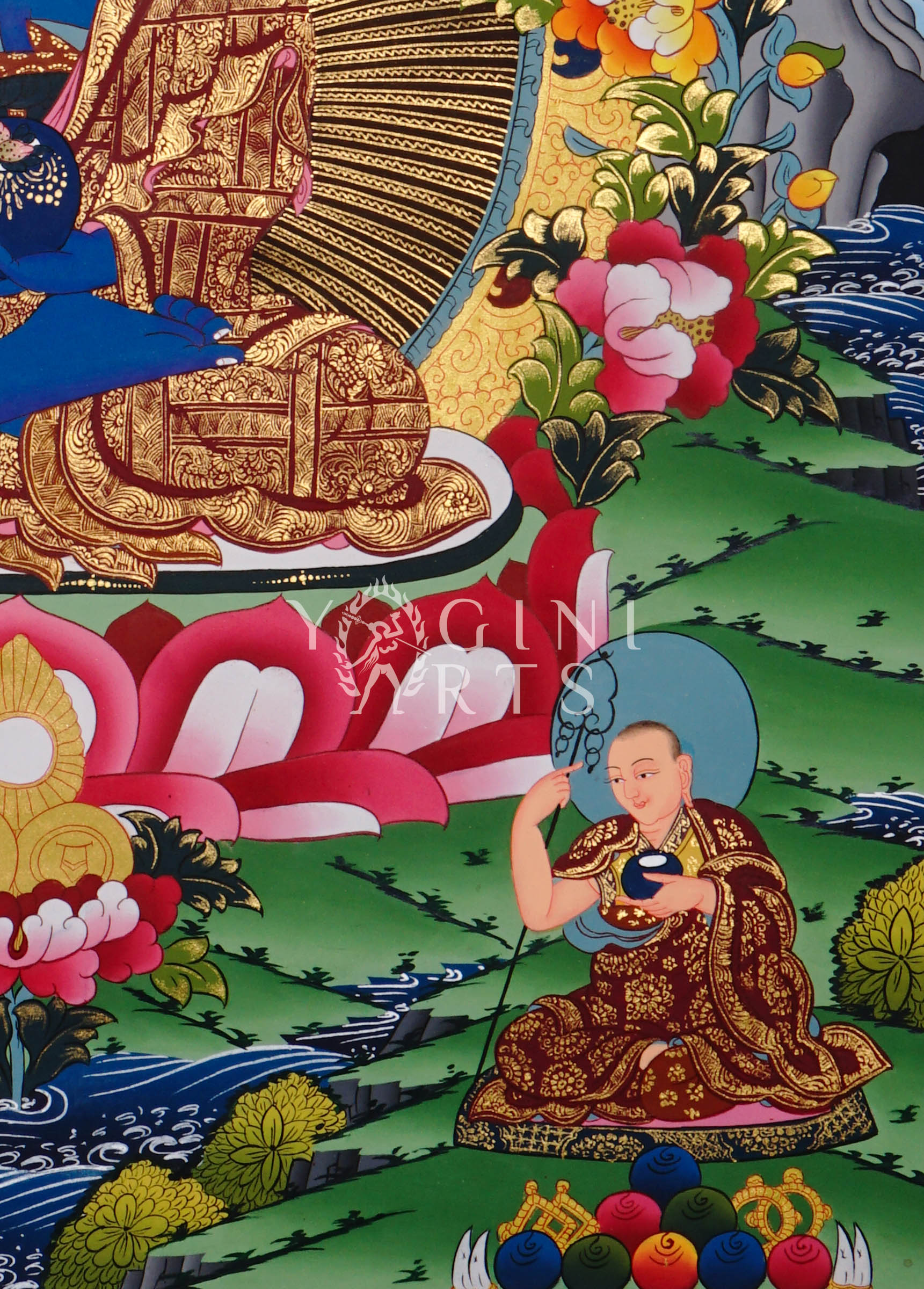 Hand-painted Medicine Buddha thangka featuring the Tibetan Buddha of Healing seated on a lotus throne with sacred gold detailing and vibrant Himalayan symbolism