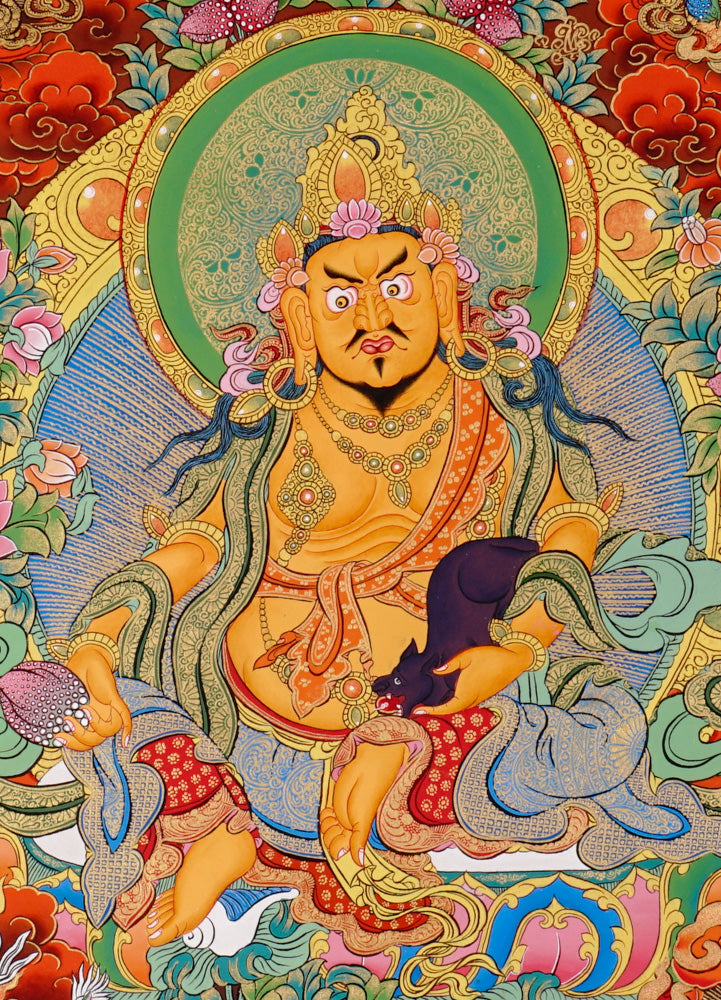 Hand-painted thangka of the 5 Zambhalas, featuring Yellow Zambhala in the center surrounded by White, Black, Red, and Green wealth deities on a vibrant background.