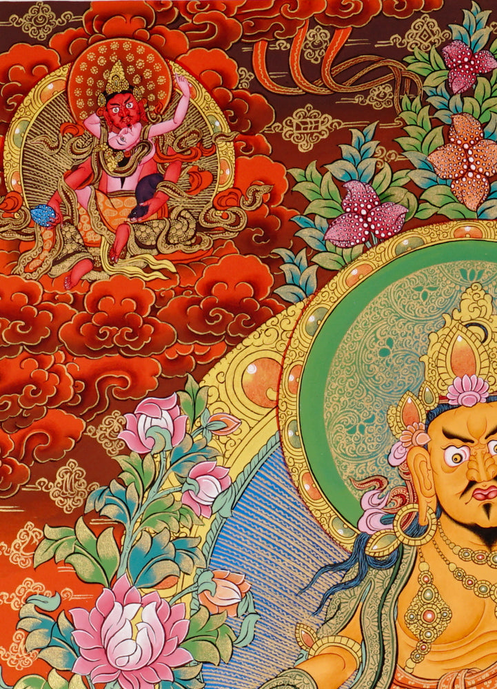 Hand-painted thangka of the 5 Zambhalas, featuring Yellow Zambhala in the center surrounded by White, Black, Red, and Green wealth deities on a vibrant background.