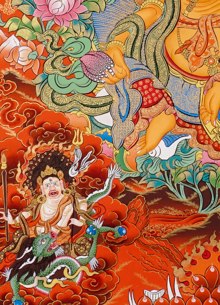 Hand-painted thangka of the 5 Zambhalas, featuring Yellow Zambhala in the center surrounded by White, Black, Red, and Green wealth deities on a vibrant background.