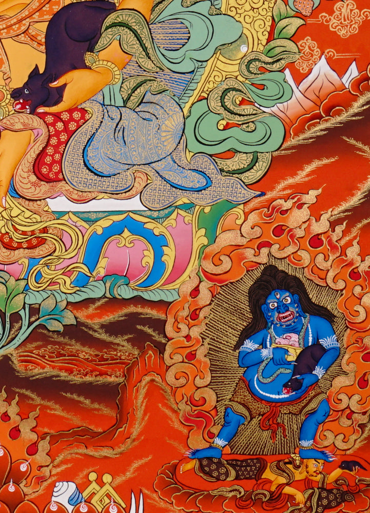 Hand-painted thangka of the 5 Zambhalas, featuring Yellow Zambhala in the center surrounded by White, Black, Red, and Green wealth deities on a vibrant background.