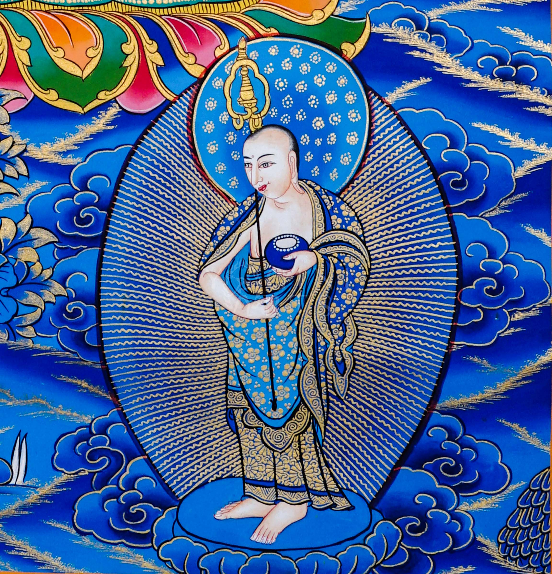 Tibetan thangka of Shakyamuni Buddha seated in meditation posture holding an alms bowl, surrounded by enlightened disciples, hand-painted with traditional Himalayan Buddhist iconography