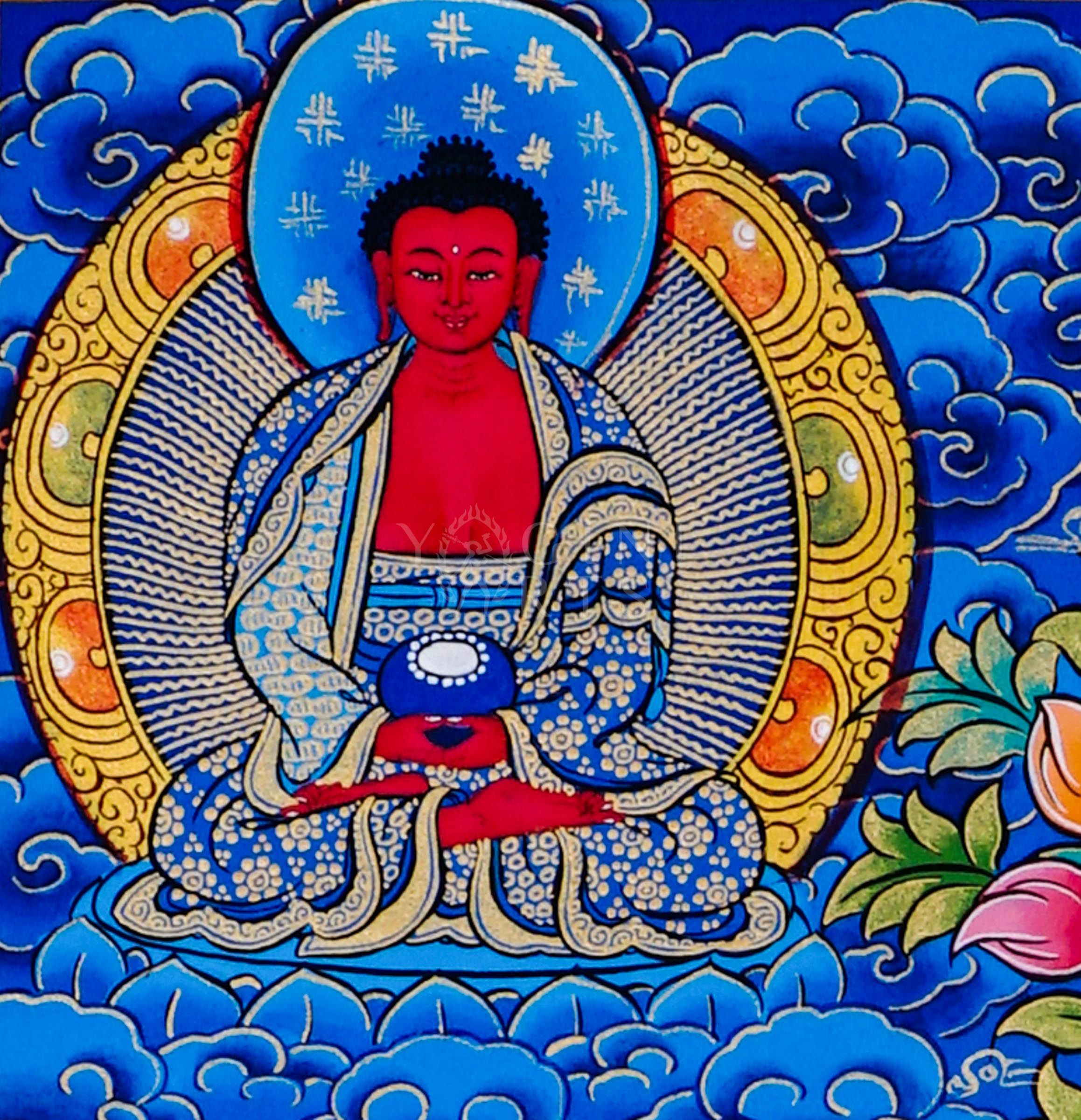 Tibetan thangka of Shakyamuni Buddha seated in meditation posture holding an alms bowl, surrounded by enlightened disciples, hand-painted with traditional Himalayan Buddhist iconography
