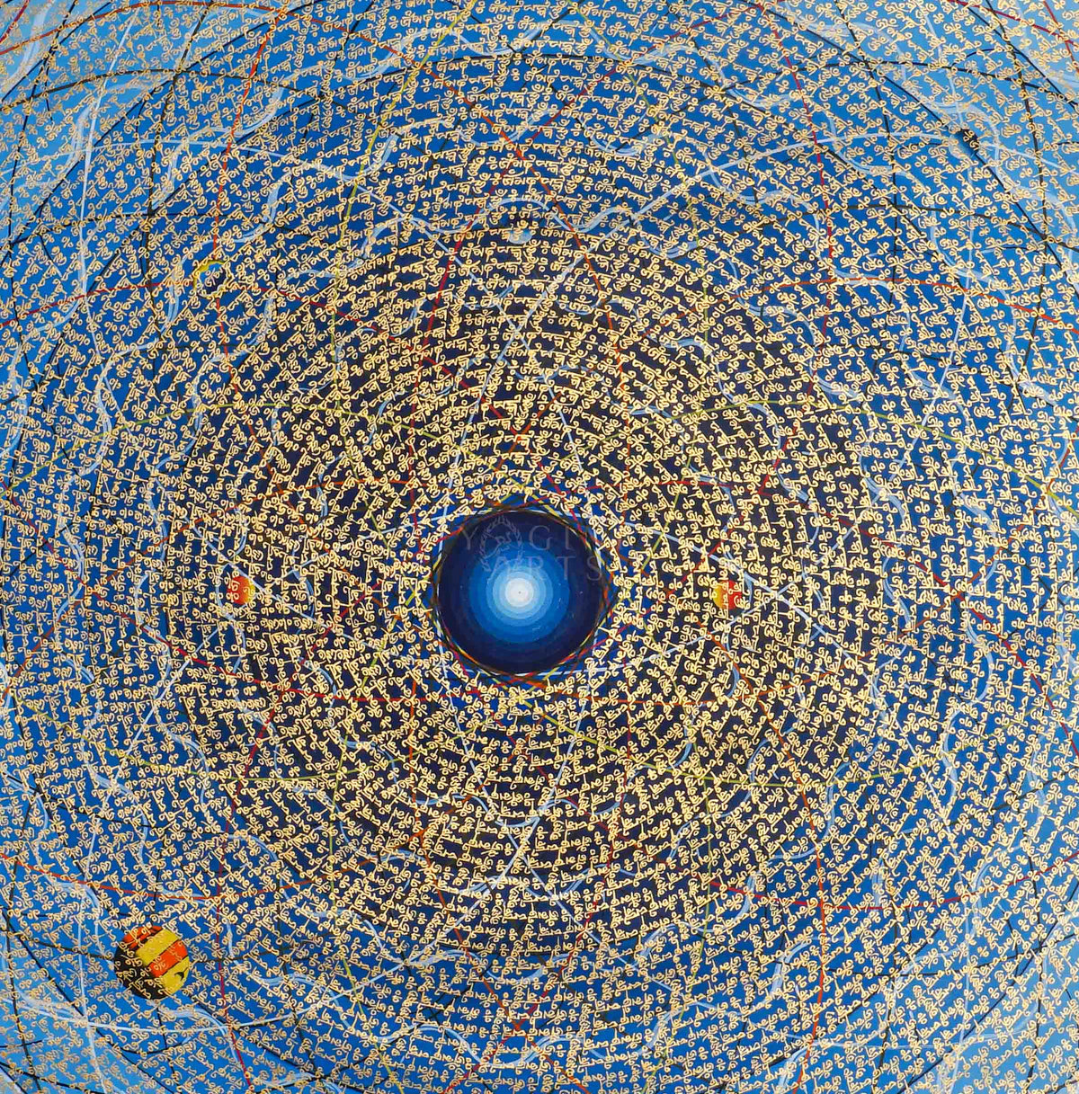 Cosmos Mandala Thangka painting in blue and gold with intricate concentric sacred lettering and a radiant central design, 100 x 100 cm
