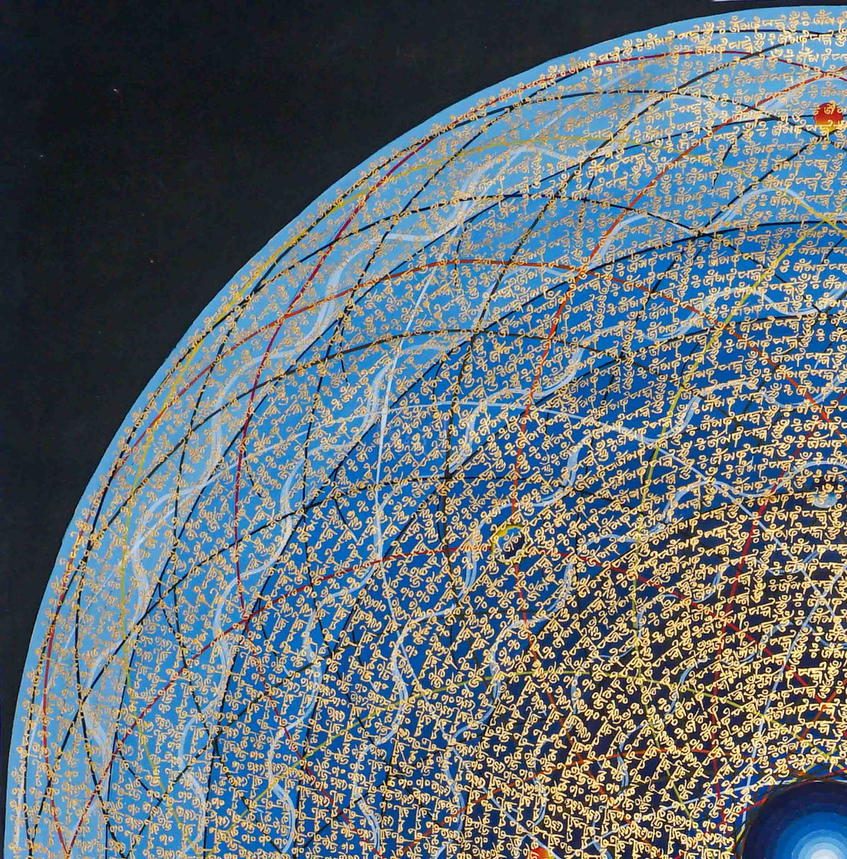 Cosmos Mandala Thangka painting in blue and gold with intricate concentric sacred lettering and a radiant central design, 100 x 100 cm