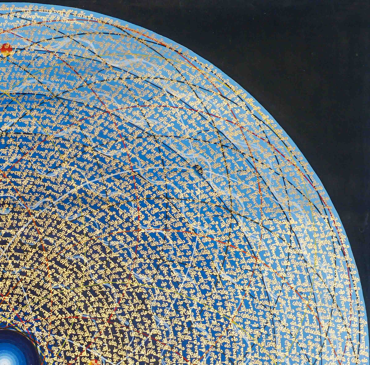Cosmos Mandala Thangka painting in blue and gold with intricate concentric sacred lettering and a radiant central design, 100 x 100 cm