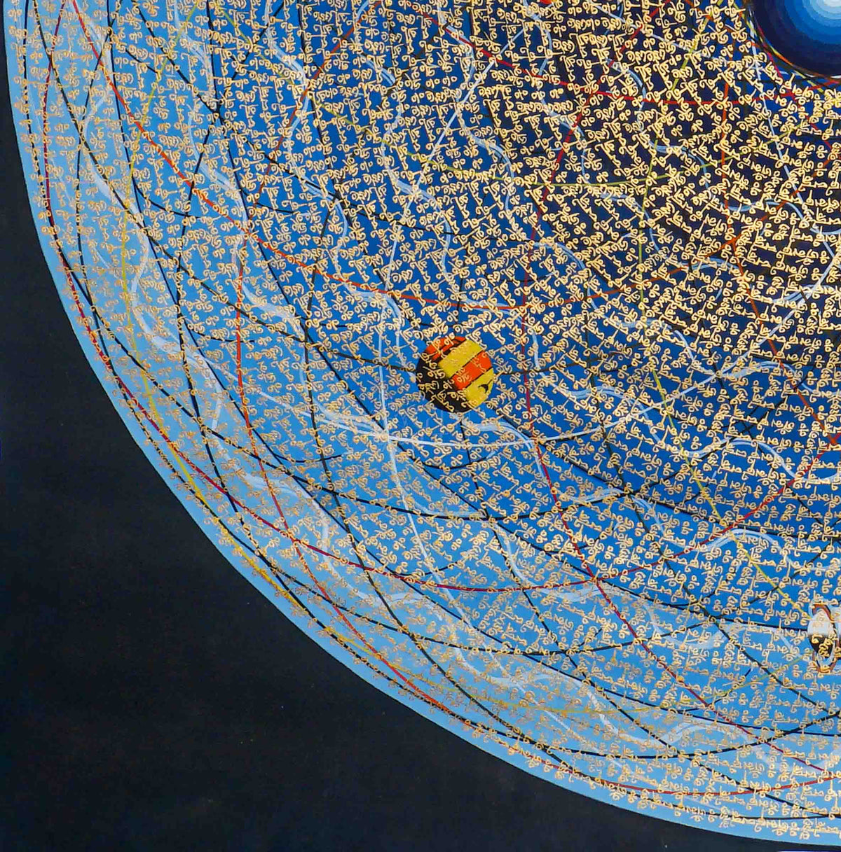 Cosmos Mandala Thangka painting in blue and gold with intricate concentric sacred lettering and a radiant central design, 100 x 100 cm