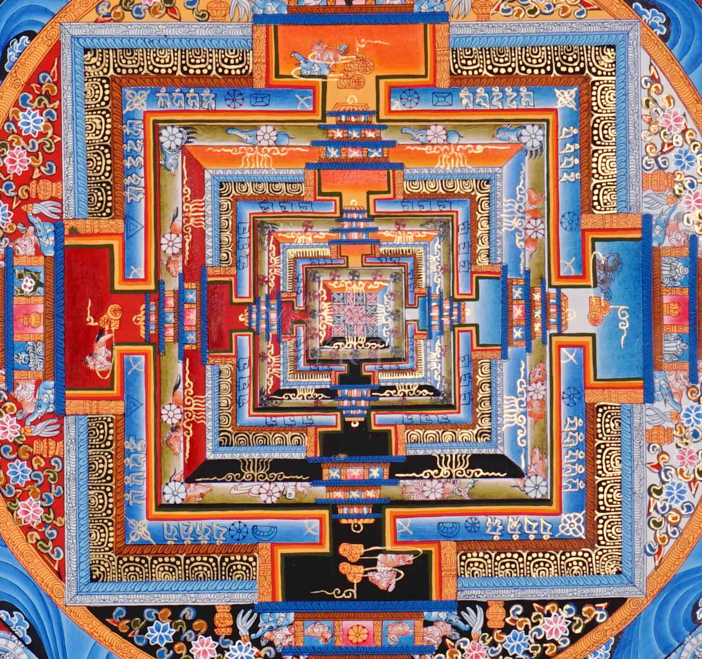 Hand painted Kalachakra Mandala thangka depicting intricate Tibetan Wheel of Time sacred geometry in symmetrical palace design