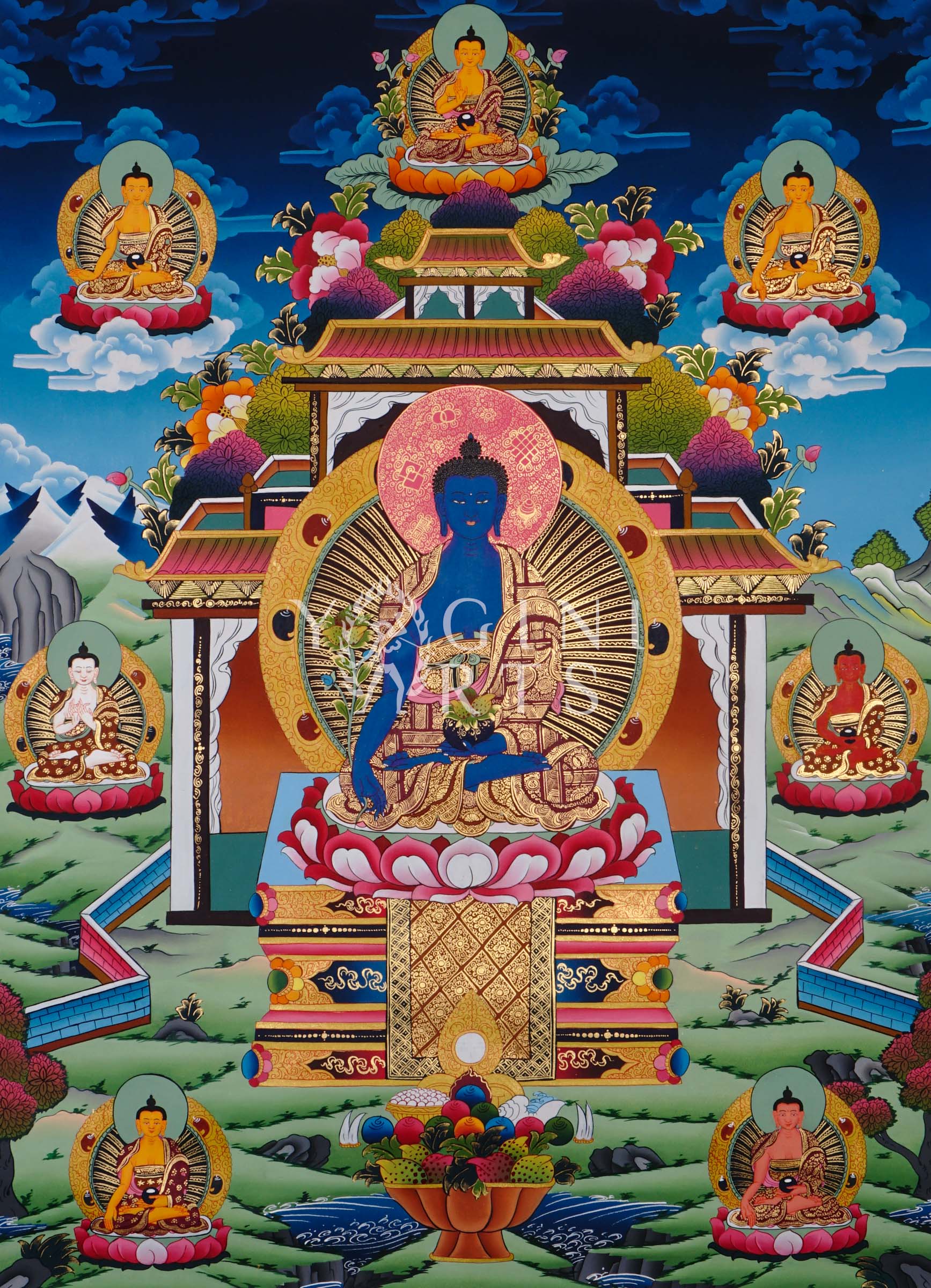 Medicine Buddha thangka featuring the Healing Buddha seated within a sacred temple shrine surrounded by enlightened Buddhas and Himalayan symbolism
