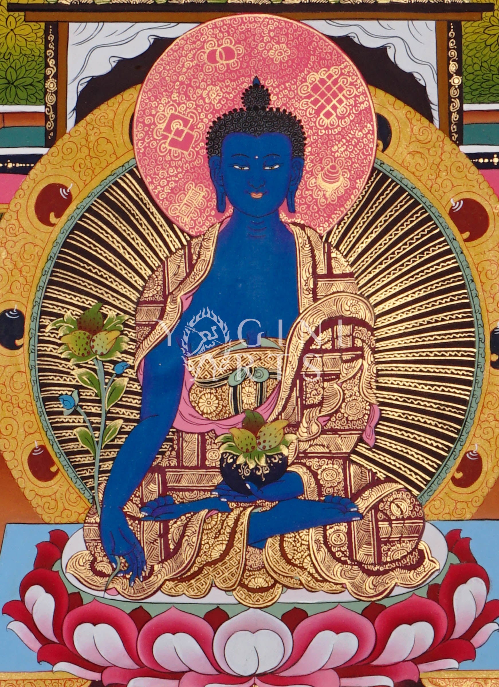 Medicine Buddha thangka featuring the Healing Buddha seated within a sacred temple shrine surrounded by enlightened Buddhas and Himalayan symbolism
