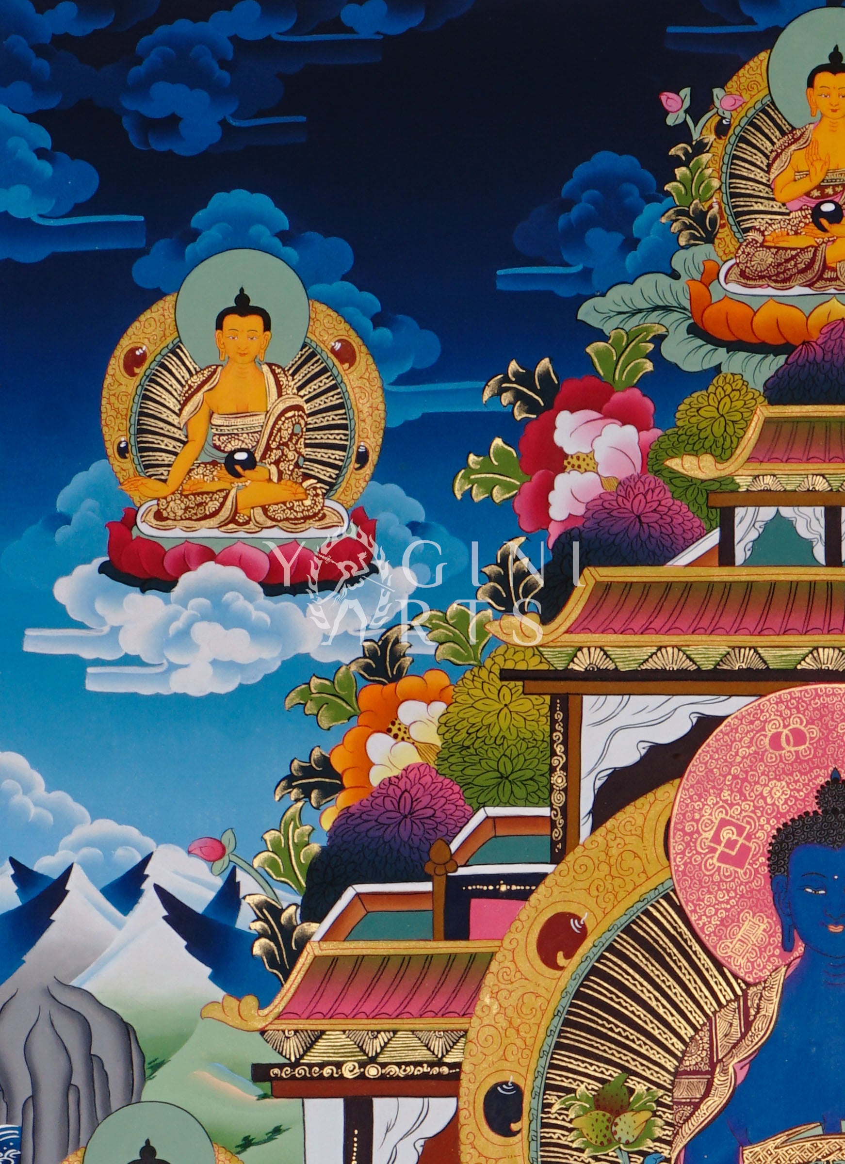 Medicine Buddha thangka featuring the Healing Buddha seated within a sacred temple shrine surrounded by enlightened Buddhas and Himalayan symbolism