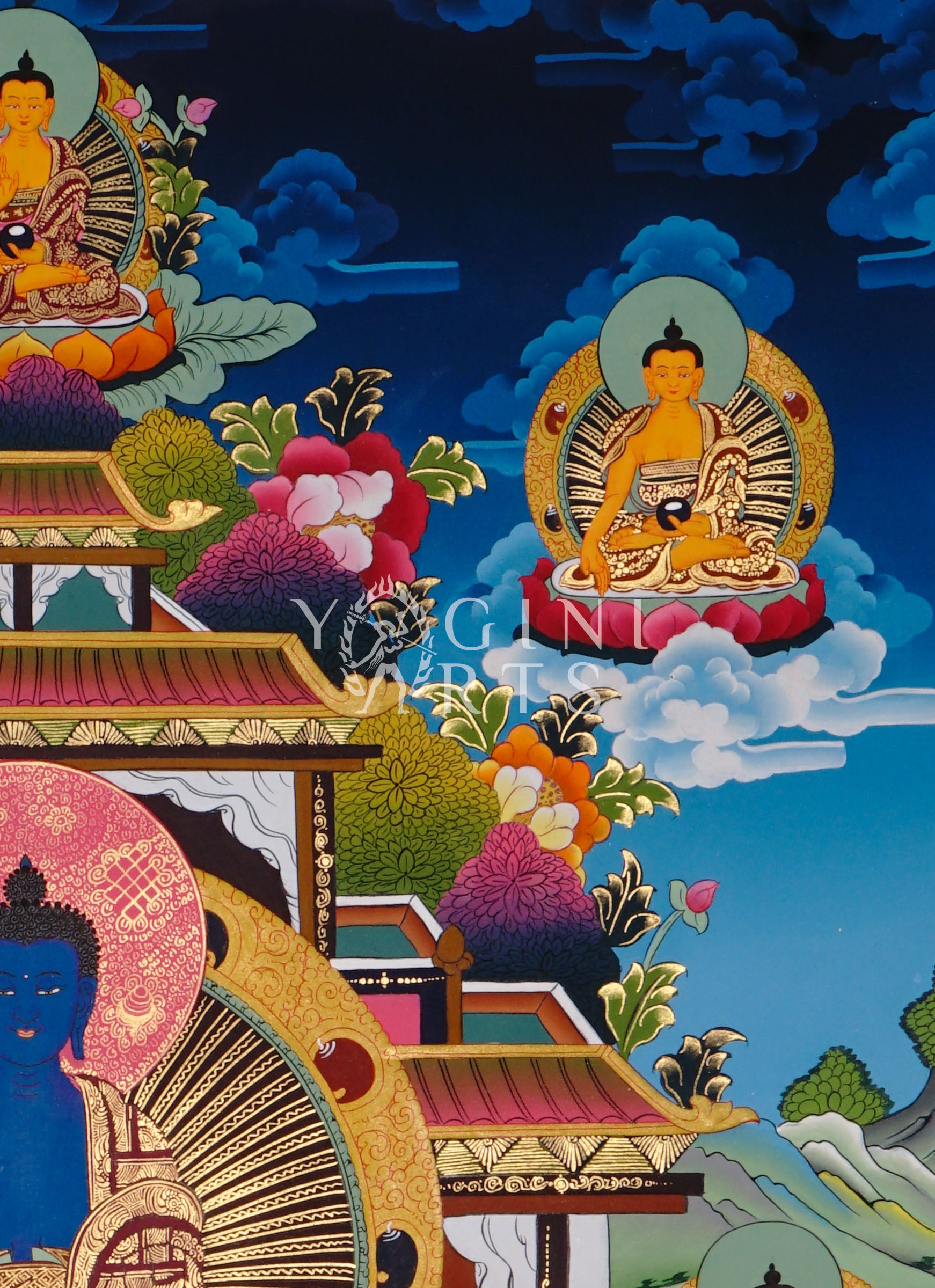 Medicine Buddha thangka featuring the Healing Buddha seated within a sacred temple shrine surrounded by enlightened Buddhas and Himalayan symbolism