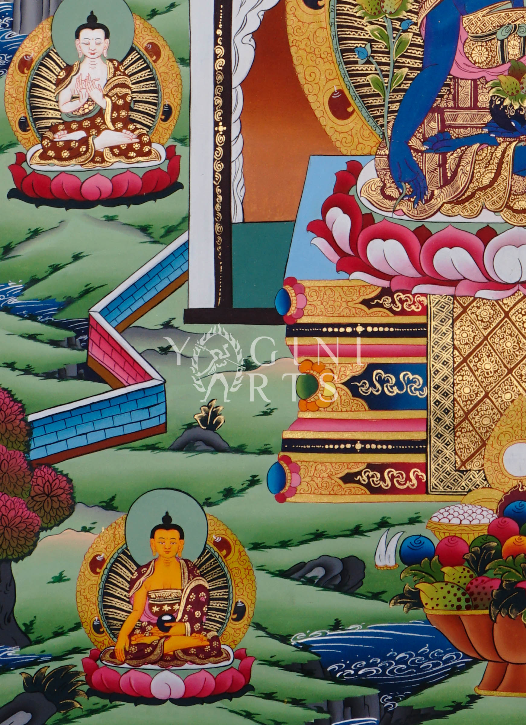 Medicine Buddha thangka featuring the Healing Buddha seated within a sacred temple shrine surrounded by enlightened Buddhas and Himalayan symbolism