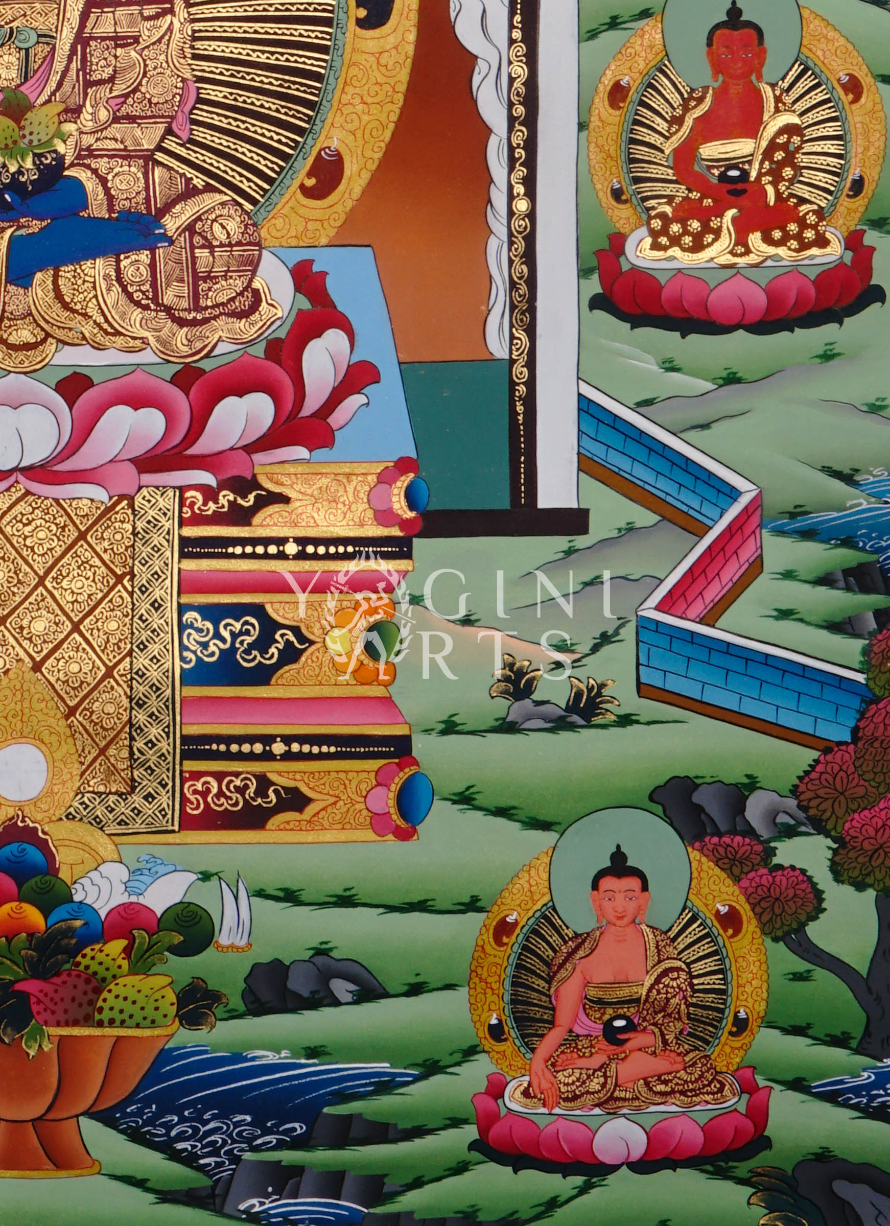 Medicine Buddha thangka featuring the Healing Buddha seated within a sacred temple shrine surrounded by enlightened Buddhas and Himalayan symbolism
