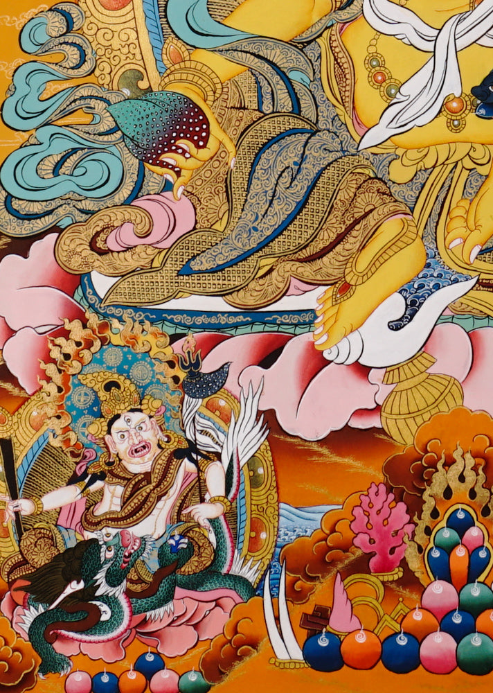 Hand-painted Tibetan Yellow Zambhala thangka featuring wealth deity holding a mongoose, seated on a lotus with rich ornamentation.
