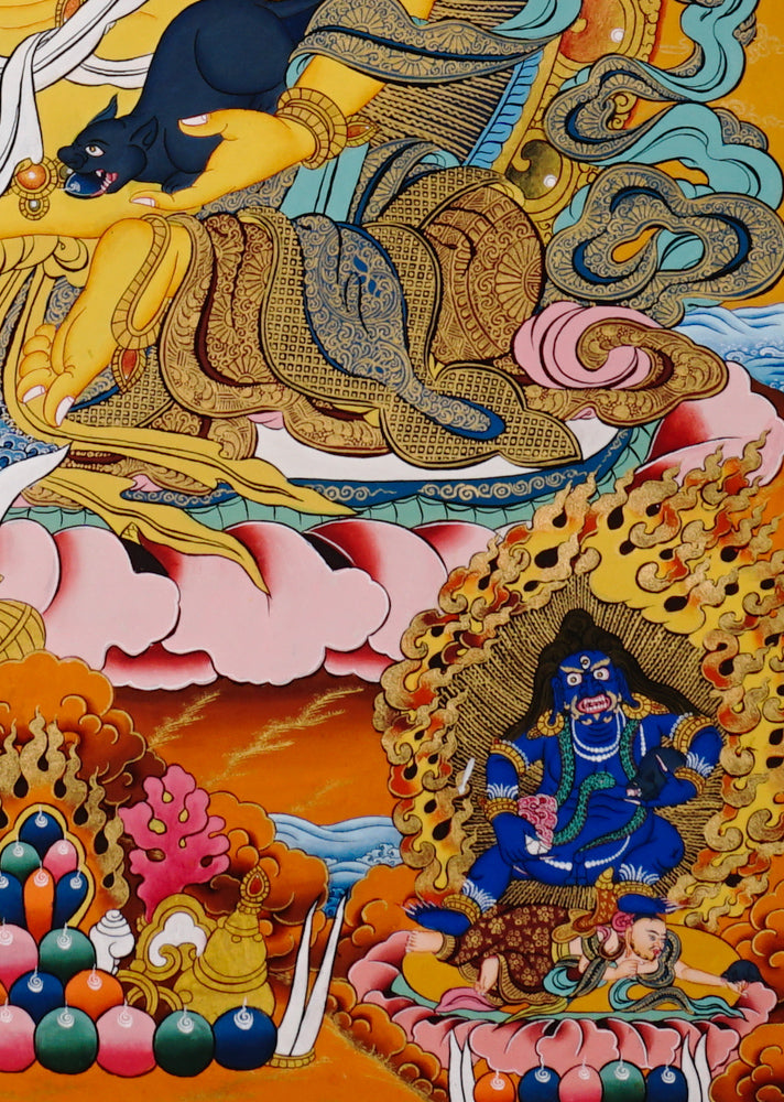 Hand-painted Tibetan Yellow Zambhala thangka featuring wealth deity holding a mongoose, seated on a lotus with rich ornamentation.