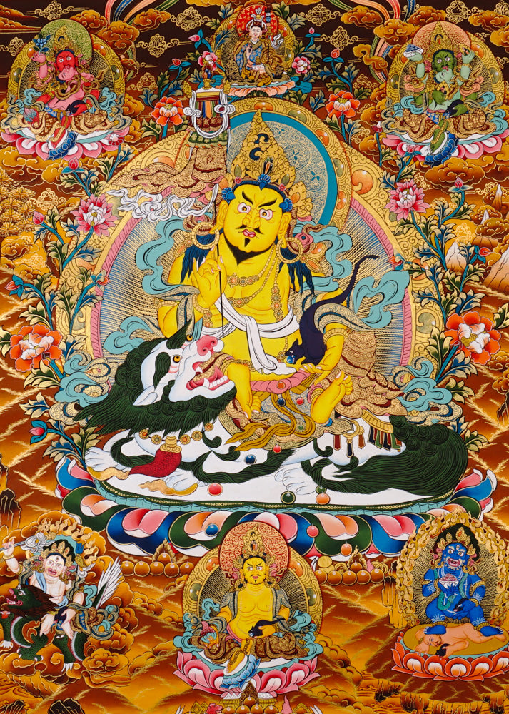 Hand-painted Singh Zambhala thangka showing lion-mounted wealth deity with mongoose and ornate background.