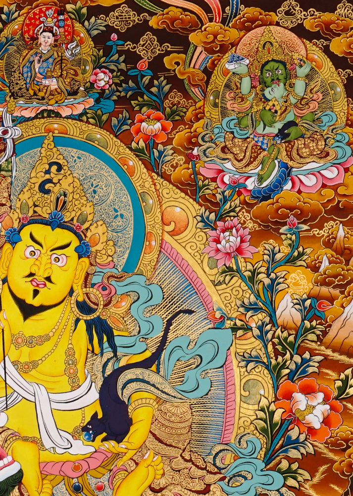 Hand-painted Singh Zambhala thangka showing lion-mounted wealth deity with mongoose and ornate background.