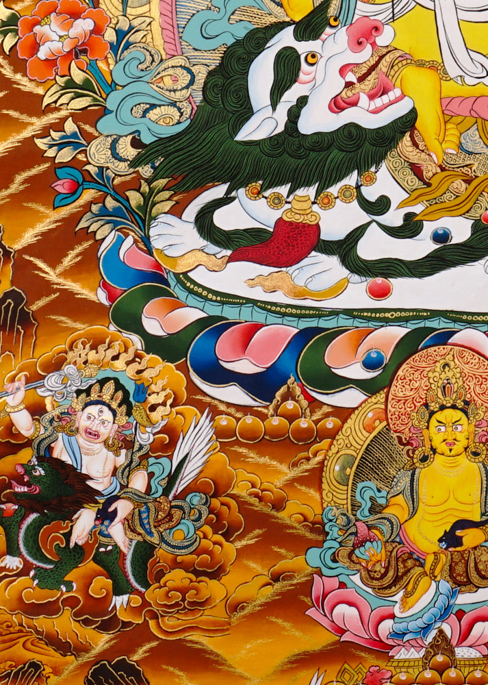 Hand-painted Singh Zambhala thangka showing lion-mounted wealth deity with mongoose and ornate background.