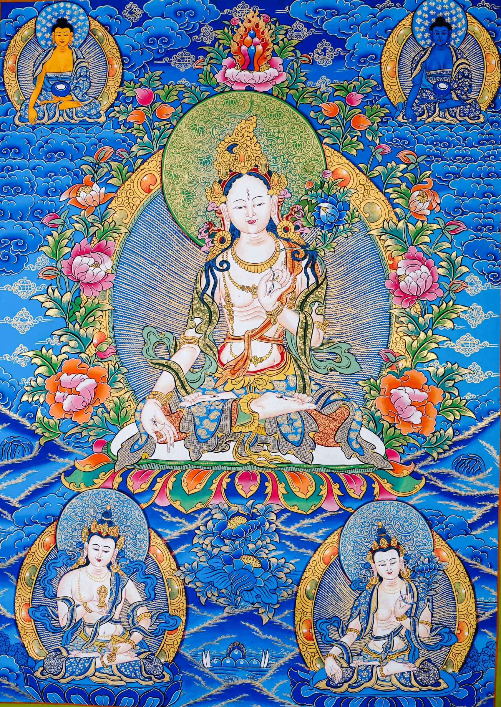 Tibetan thangka of White Tara seated on a lotus throne with seven eyes of wisdom, surrounded by attendant forms, hand-painted with traditional Himalayan Buddhist iconography