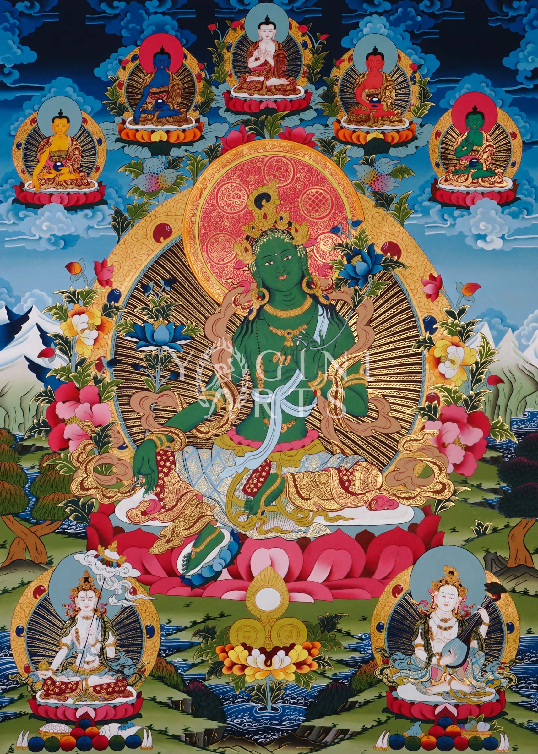 reen Tara thangka featuring the Buddhist goddess of compassion seated on a lotus throne surrounded by enlightened Buddhas and sacred Himalayan symbolism
