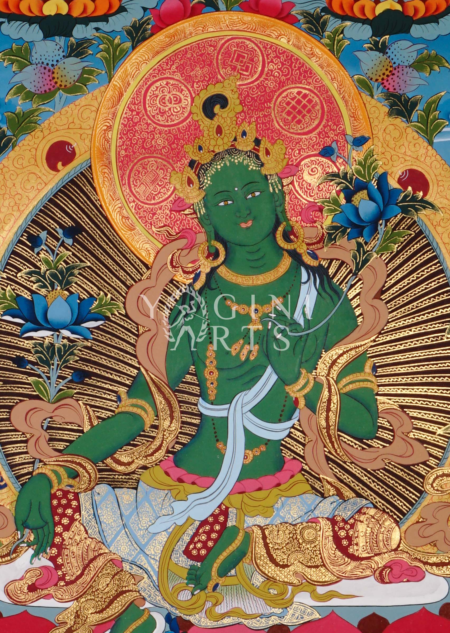 reen Tara thangka featuring the Buddhist goddess of compassion seated on a lotus throne surrounded by enlightened Buddhas and sacred Himalayan symbolism