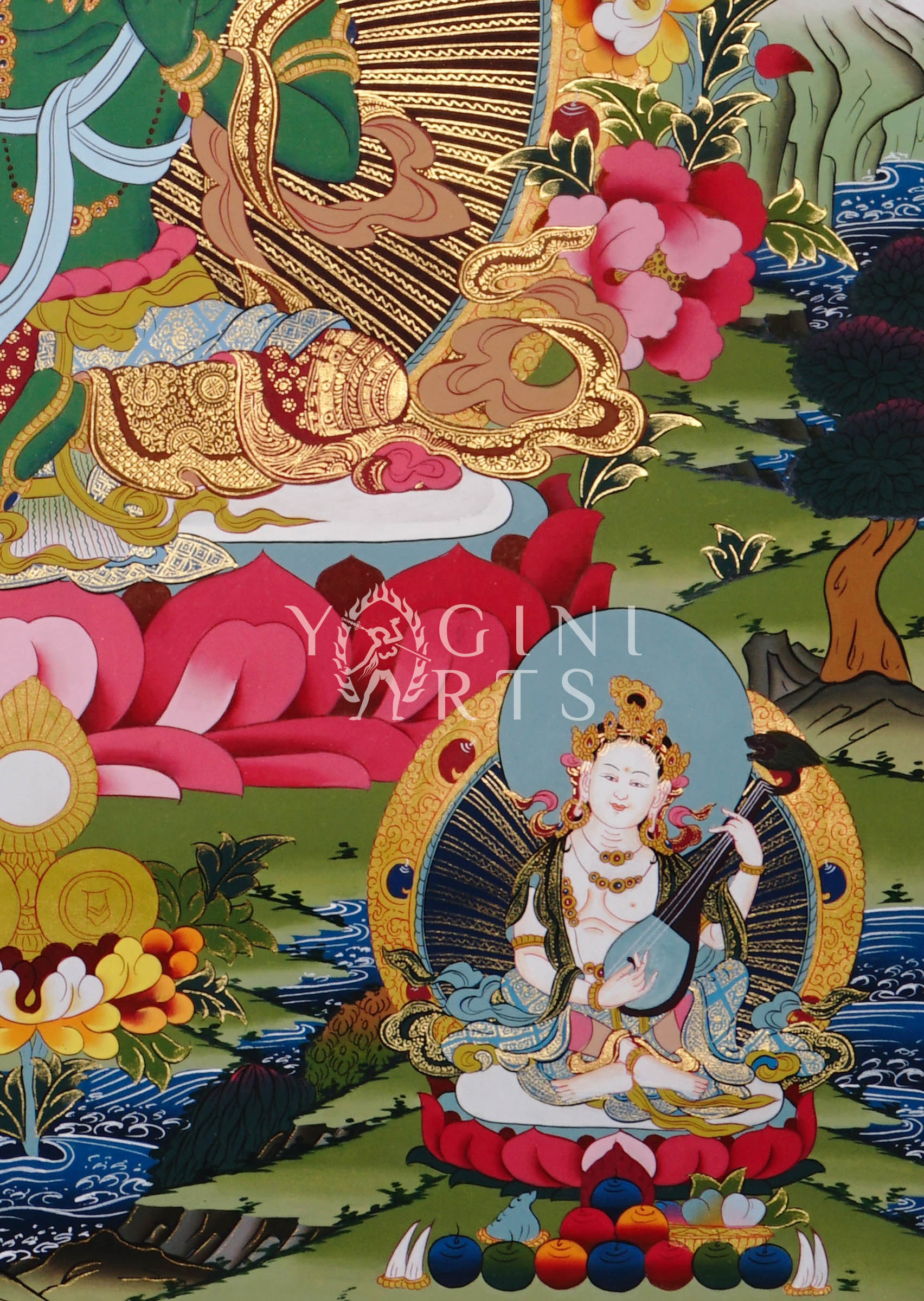 reen Tara thangka featuring the Buddhist goddess of compassion seated on a lotus throne surrounded by enlightened Buddhas and sacred Himalayan symbolism