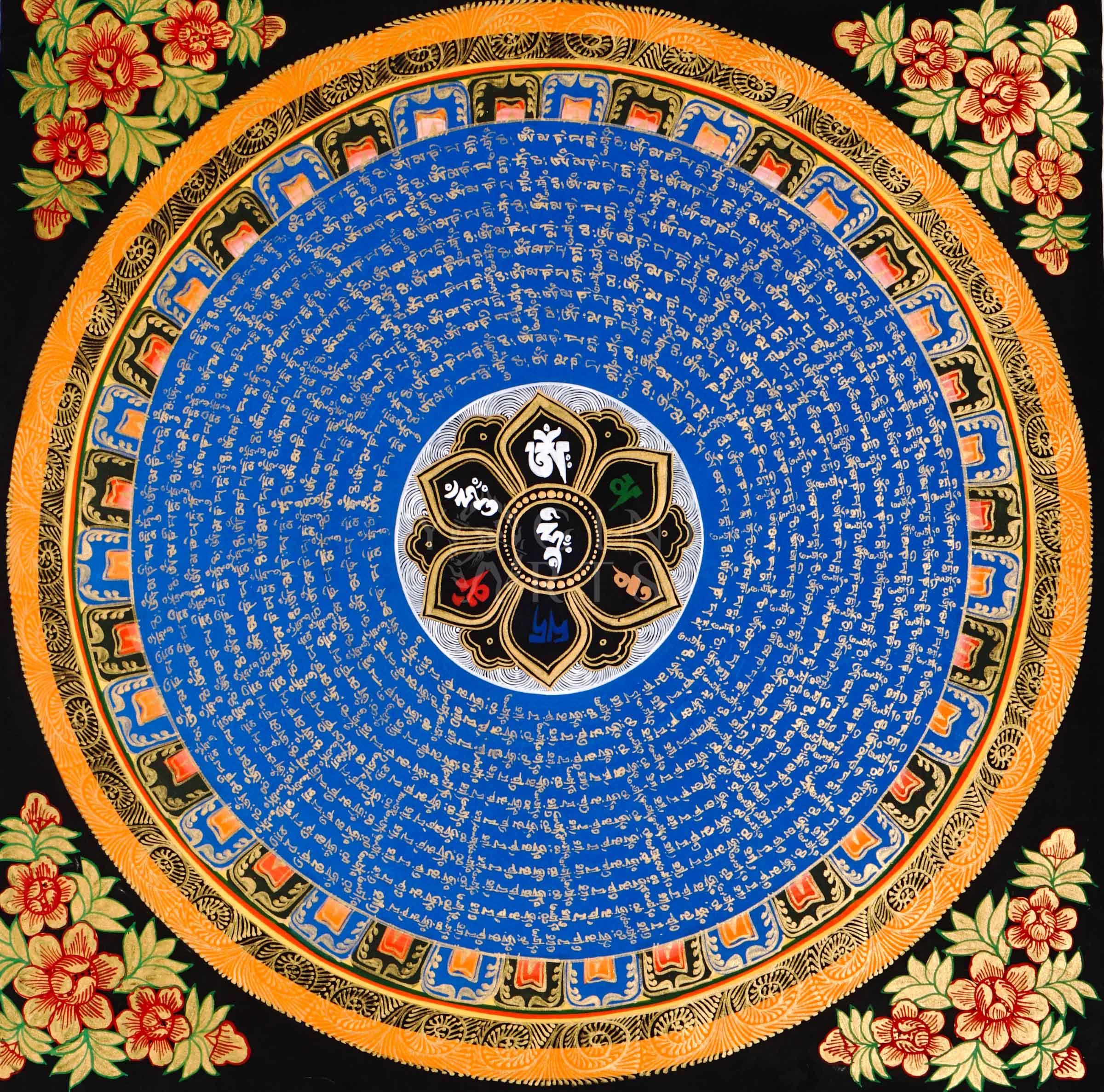 Hand-painted Tibetan Blue Mantra Mandala thangka featuring sacred Tibetan calligraphy arranged in concentric circles around a central lotus emblem with ornate floral borders.