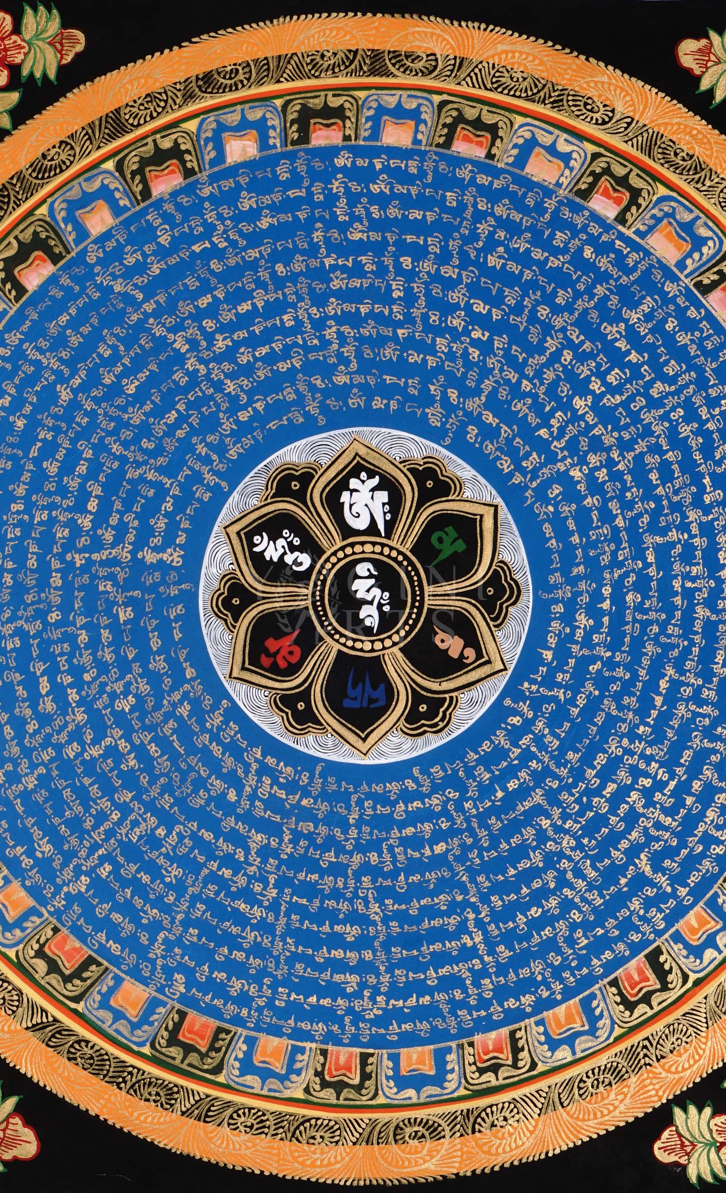 Hand-painted Tibetan Blue Mantra Mandala thangka featuring sacred Tibetan calligraphy arranged in concentric circles around a central lotus emblem with ornate floral borders.