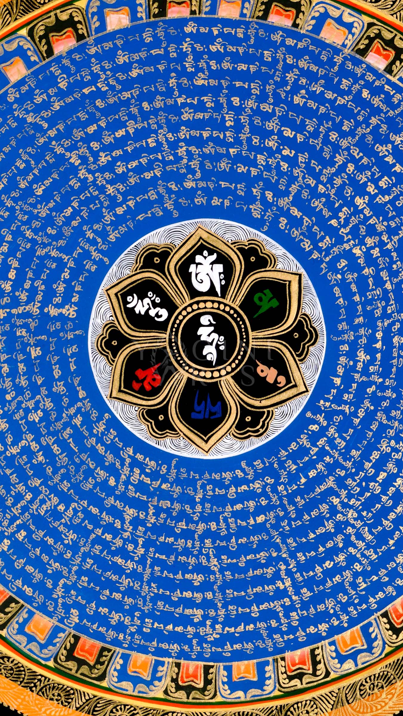 Hand-painted Tibetan Blue Mantra Mandala thangka featuring sacred Tibetan calligraphy arranged in concentric circles around a central lotus emblem with ornate floral borders.