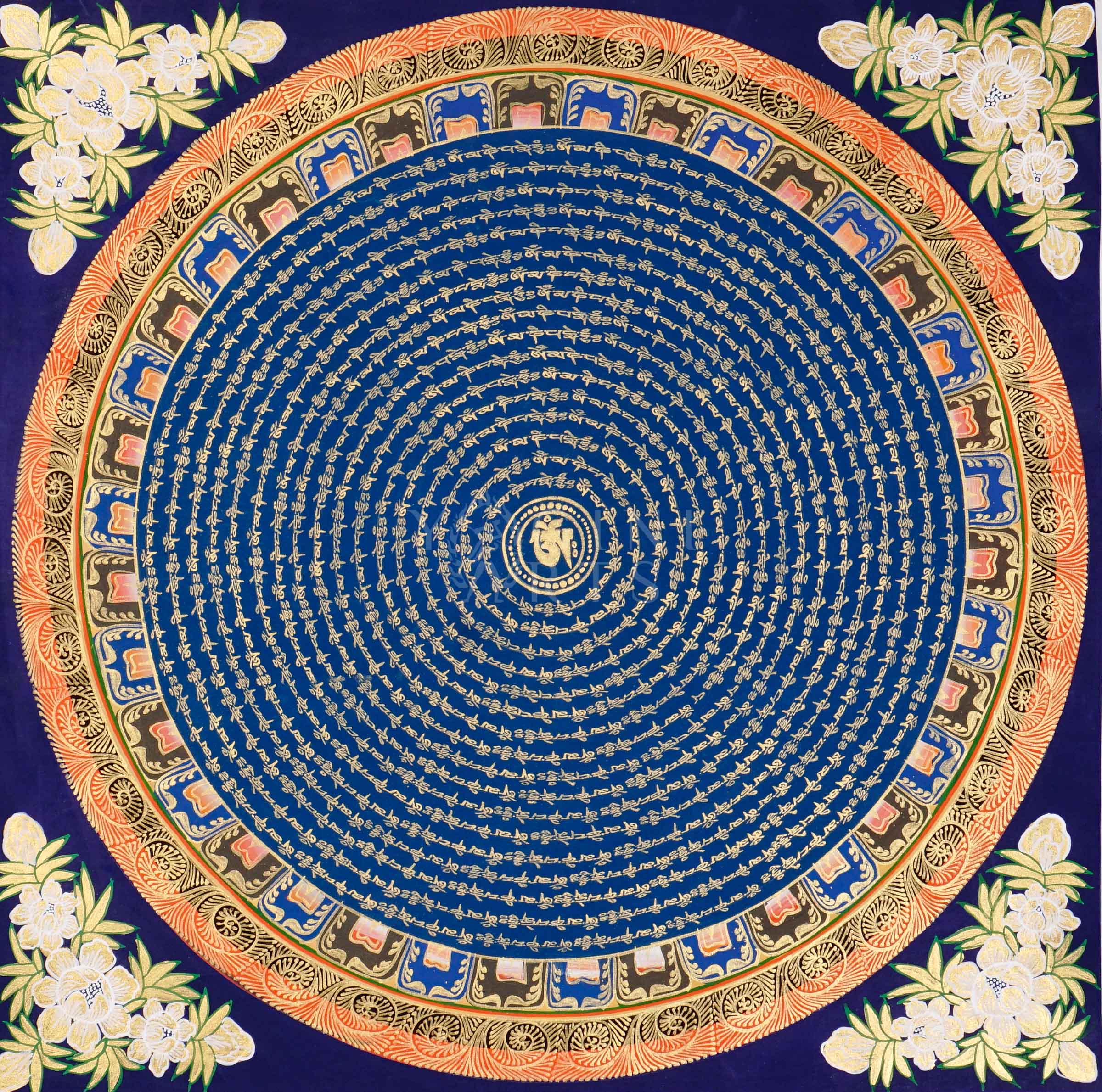 Blue Om Mantra Mandala thangka featuring sacred Om symbol surrounded by concentric circles of gold Tibetan mantra calligraphy and floral corner motifs.
