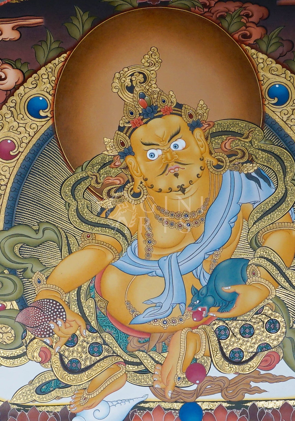 Hand-painted Yellow Zambhala Thangka with Green Tara and Black Dzambhala featuring natural mineral pigments, gold detailing, lotus throne, and traditional Himalayan landscape.
