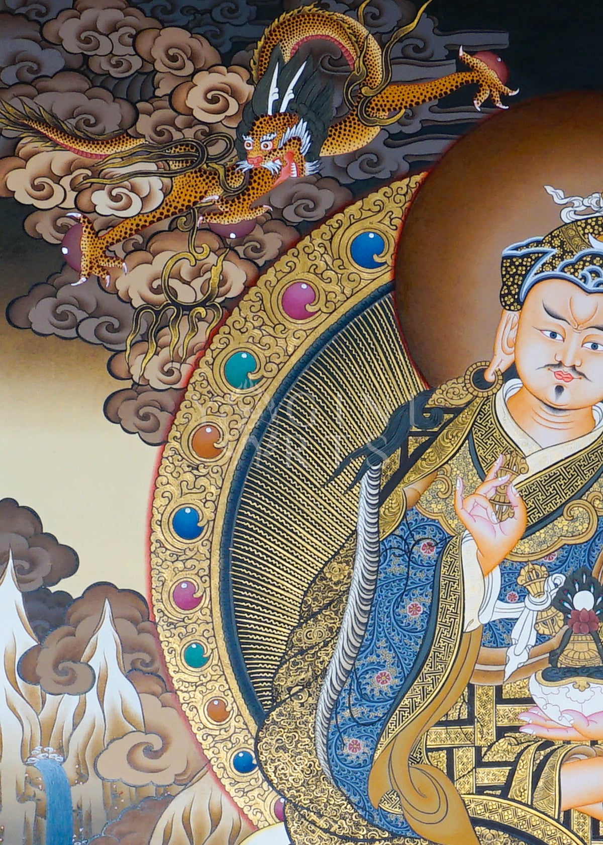 Hand-painted Guru Rinpoche Thangka featuring Guru Padmasambhava with White Tara and Amitayus, natural mineral pigments, gold detailing, and a traditional Himalayan landscape.