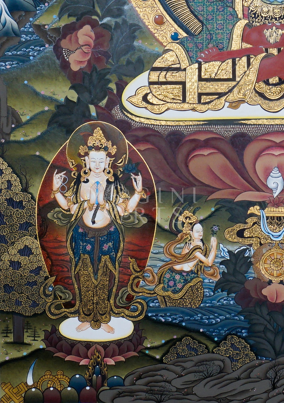 Hand-painted Amitabha Buddha Thangka depicting Amitabha with Chenrezig and Vajrapani, featuring natural mineral pigments, gold detailing, lotus throne, and a traditional Himalayan landscape.