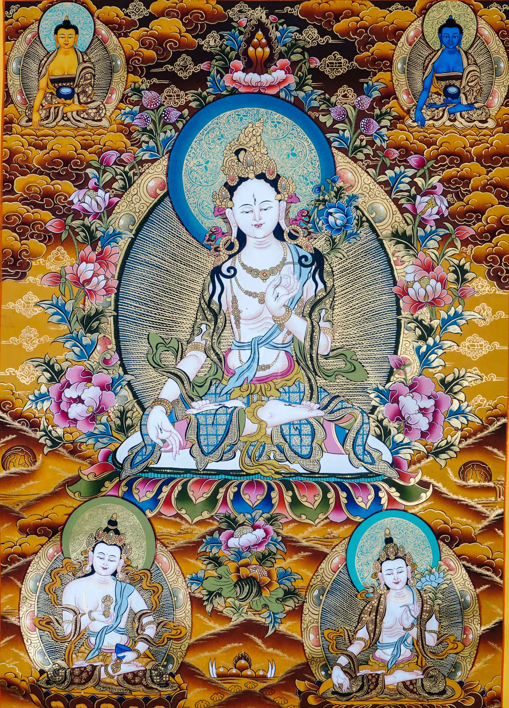 Tibetan thangka of White Tara seated on a lotus throne with seven eyes of wisdom, surrounded by attendant forms, hand-painted with traditional Himalayan Buddhist iconography
