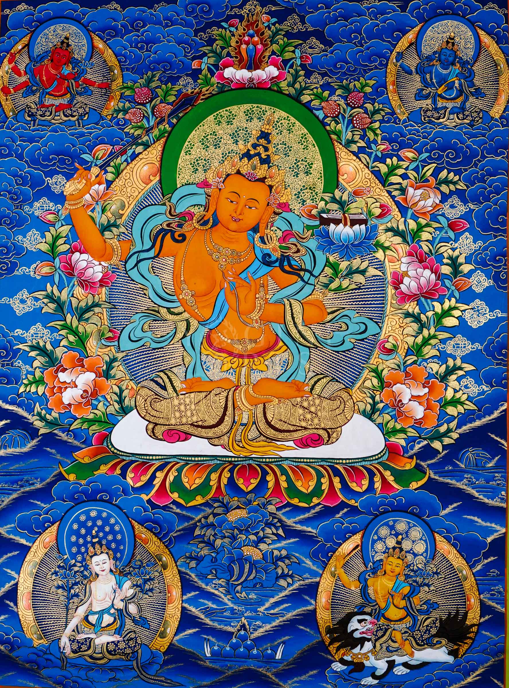 Traditional hand-painted Five Manjushri Tibetan thangka featuring the Buddhist wisdom deity with flaming sword, lotus flowers, celestial clouds, and sacred blue background