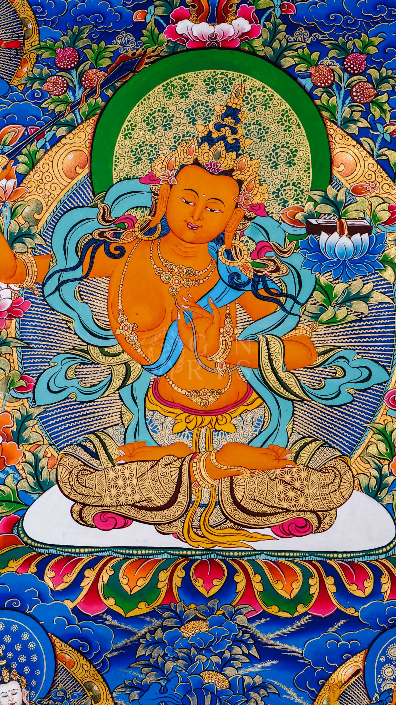 Traditional hand-painted Five Manjushri Tibetan thangka featuring the Buddhist wisdom deity with flaming sword, lotus flowers, celestial clouds, and sacred blue background