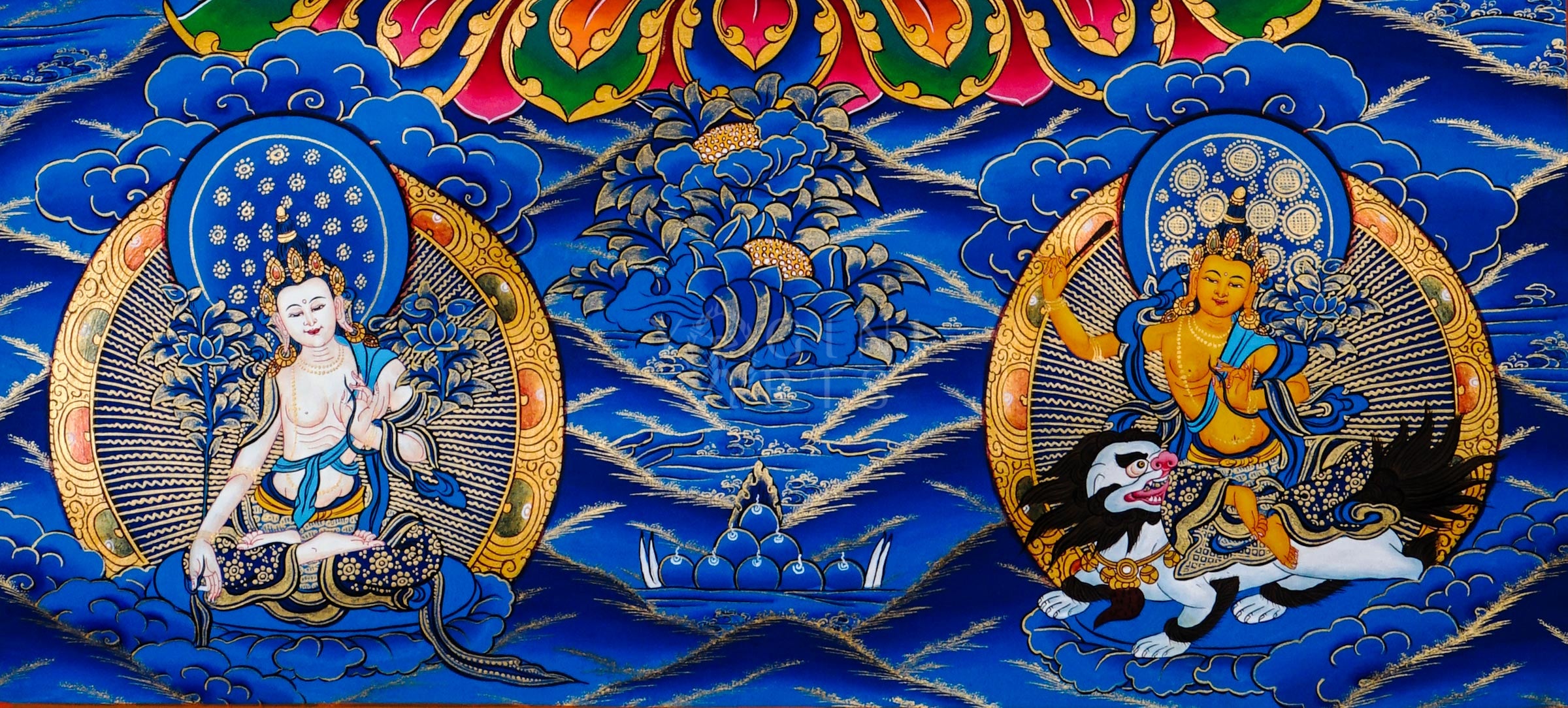 Traditional hand-painted Five Manjushri Tibetan thangka featuring the Buddhist wisdom deity with flaming sword, lotus flowers, celestial clouds, and sacred blue background