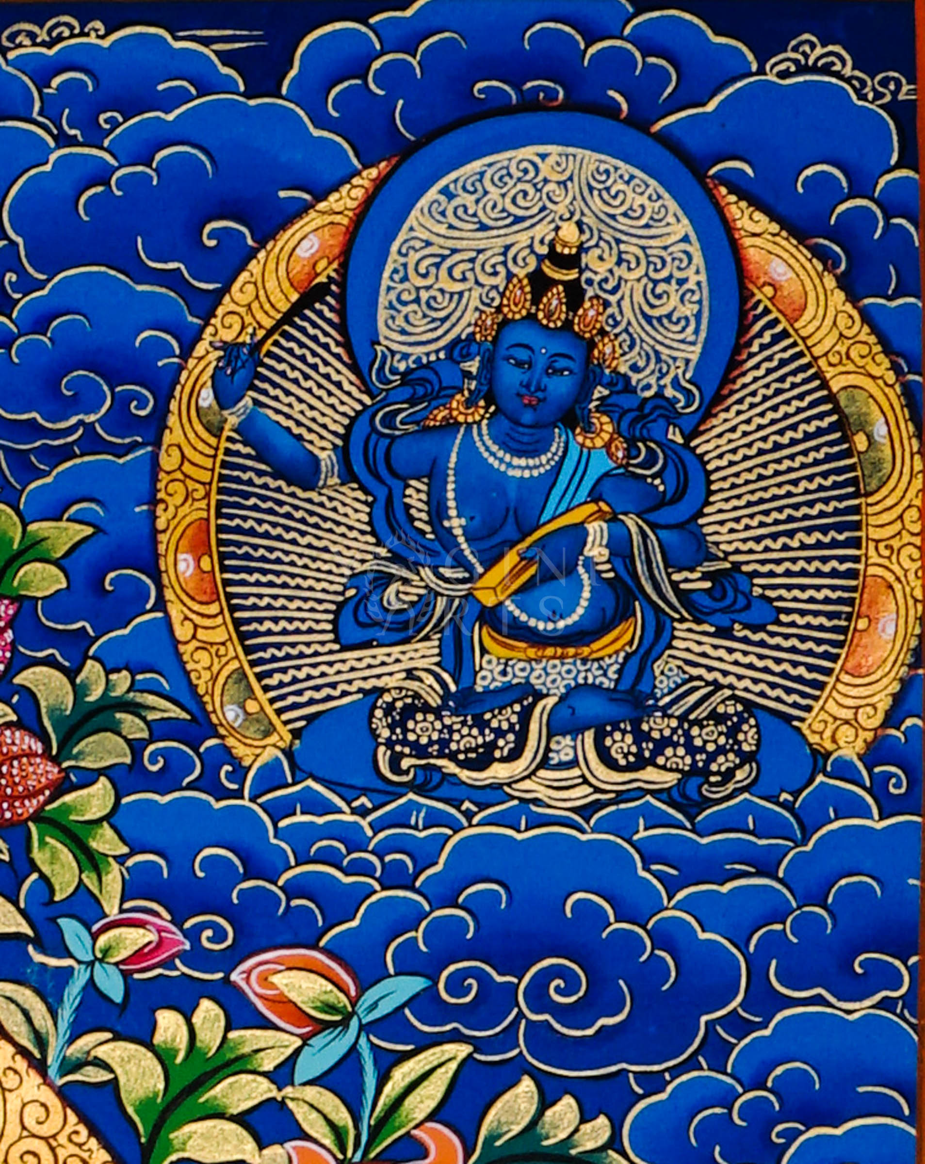Traditional hand-painted Five Manjushri Tibetan thangka featuring the Buddhist wisdom deity with flaming sword, lotus flowers, celestial clouds, and sacred blue background