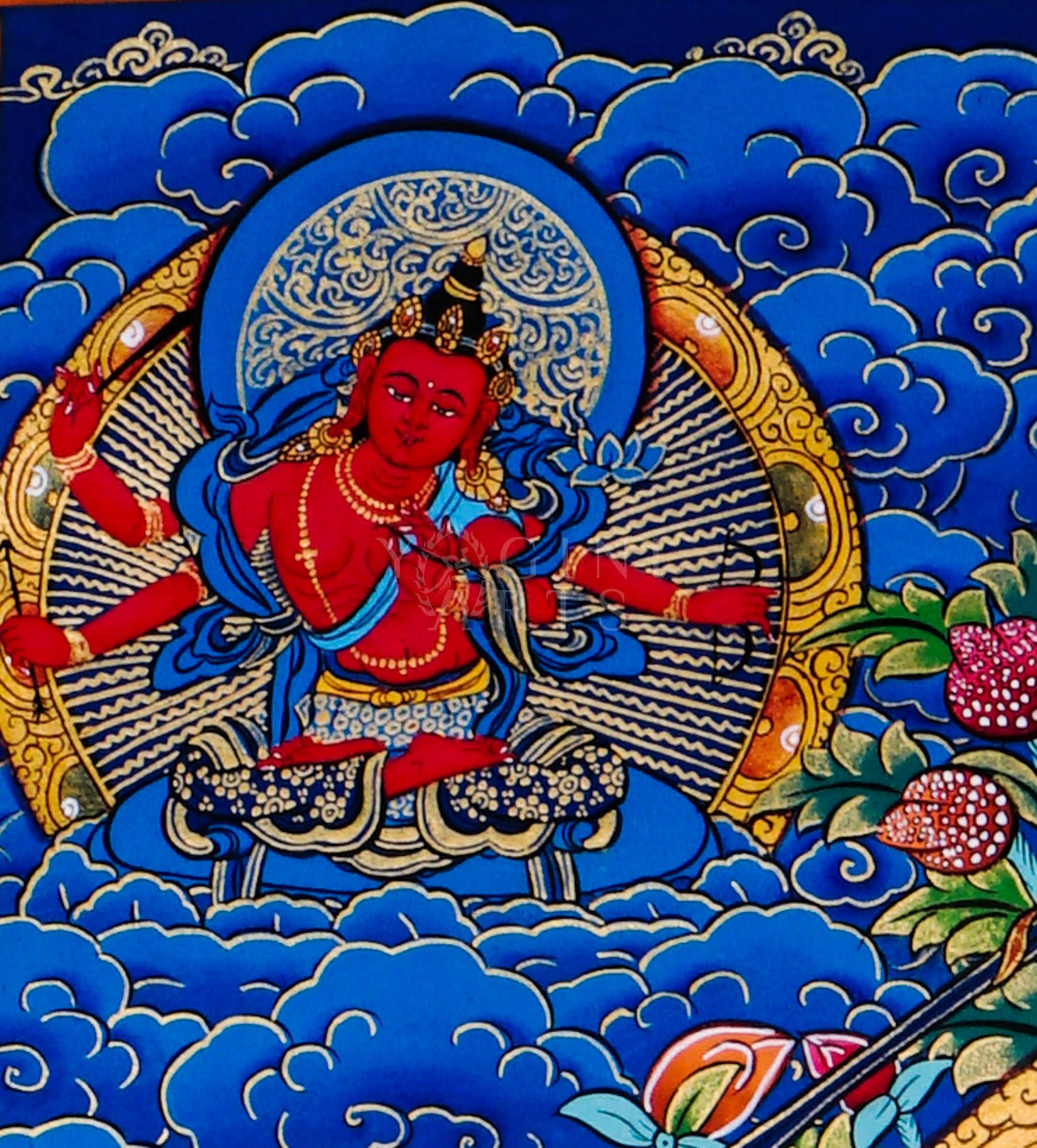 Traditional hand-painted Five Manjushri Tibetan thangka featuring the Buddhist wisdom deity with flaming sword, lotus flowers, celestial clouds, and sacred blue background