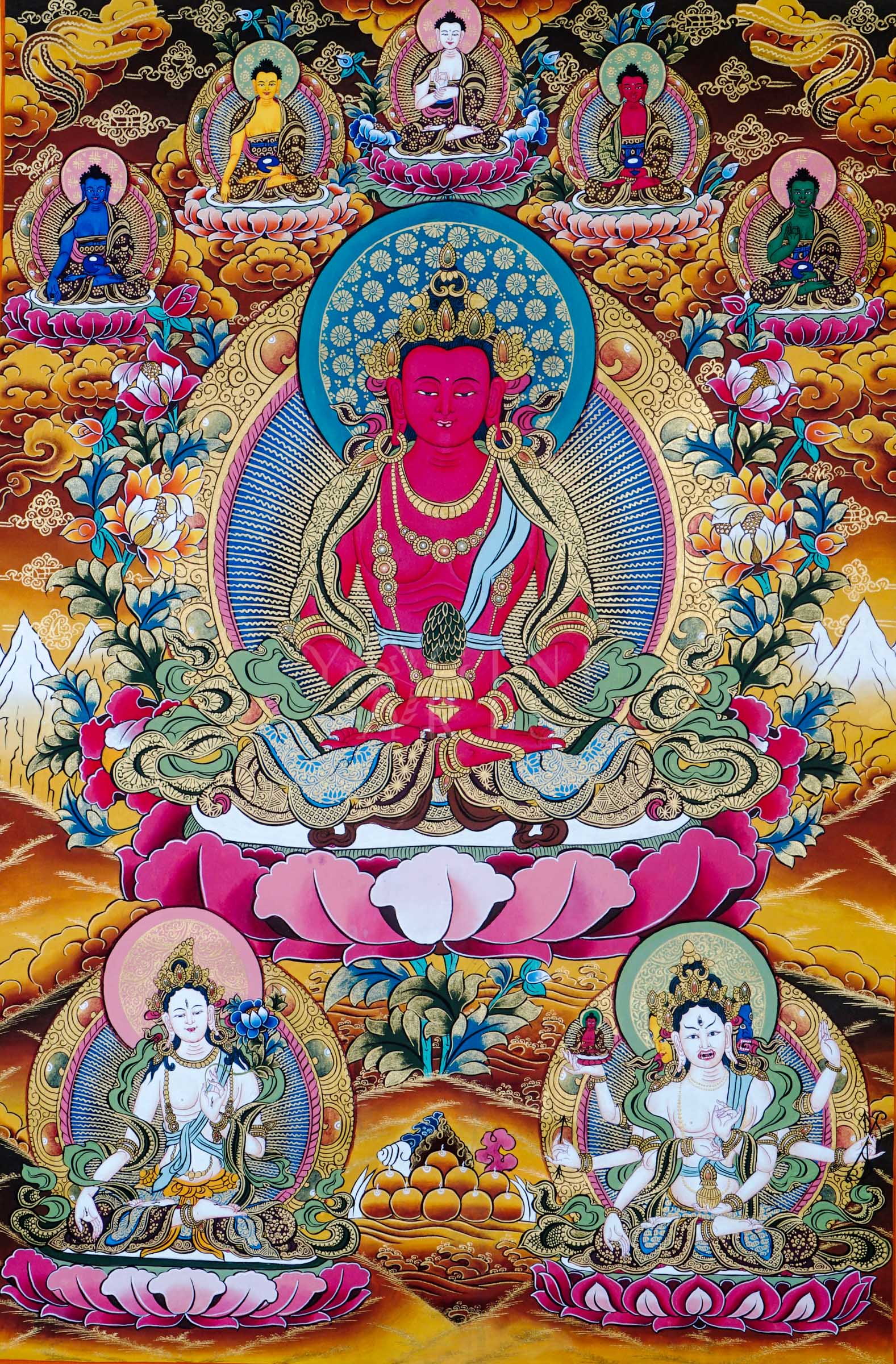 Traditional hand-painted Amitayus Buddha Tibetan thangka featuring the Buddha of Infinite Life seated on a lotus throne with sacred vase, celestial Buddhas, and vibrant floral motifs