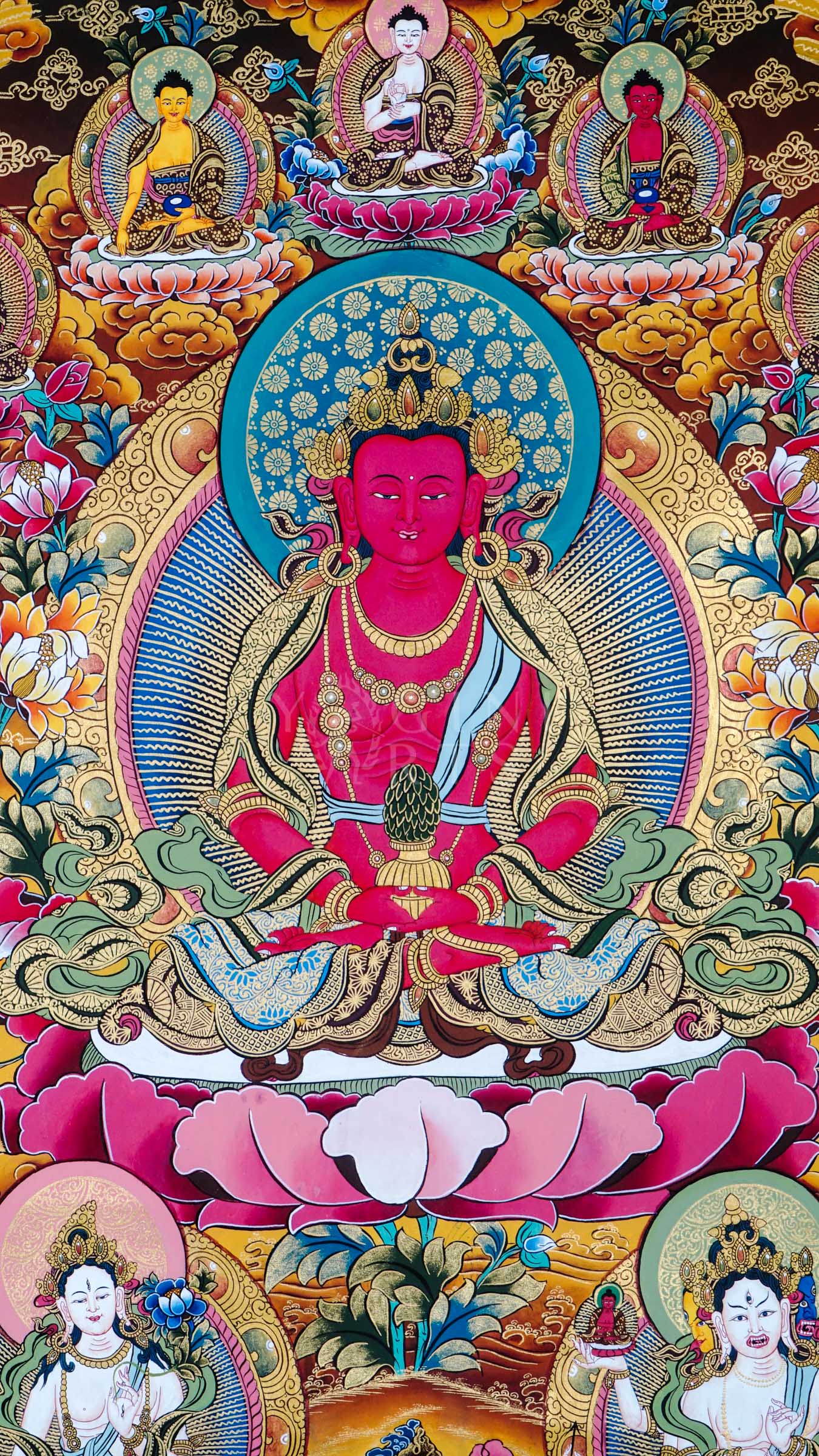 Traditional hand-painted Amitayus Buddha Tibetan thangka featuring the Buddha of Infinite Life seated on a lotus throne with sacred vase, celestial Buddhas, and vibrant floral motifs