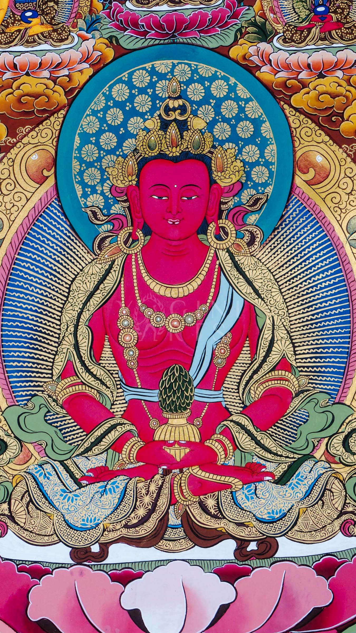 Traditional hand-painted Amitayus Buddha Tibetan thangka featuring the Buddha of Infinite Life seated on a lotus throne with sacred vase, celestial Buddhas, and vibrant floral motifs