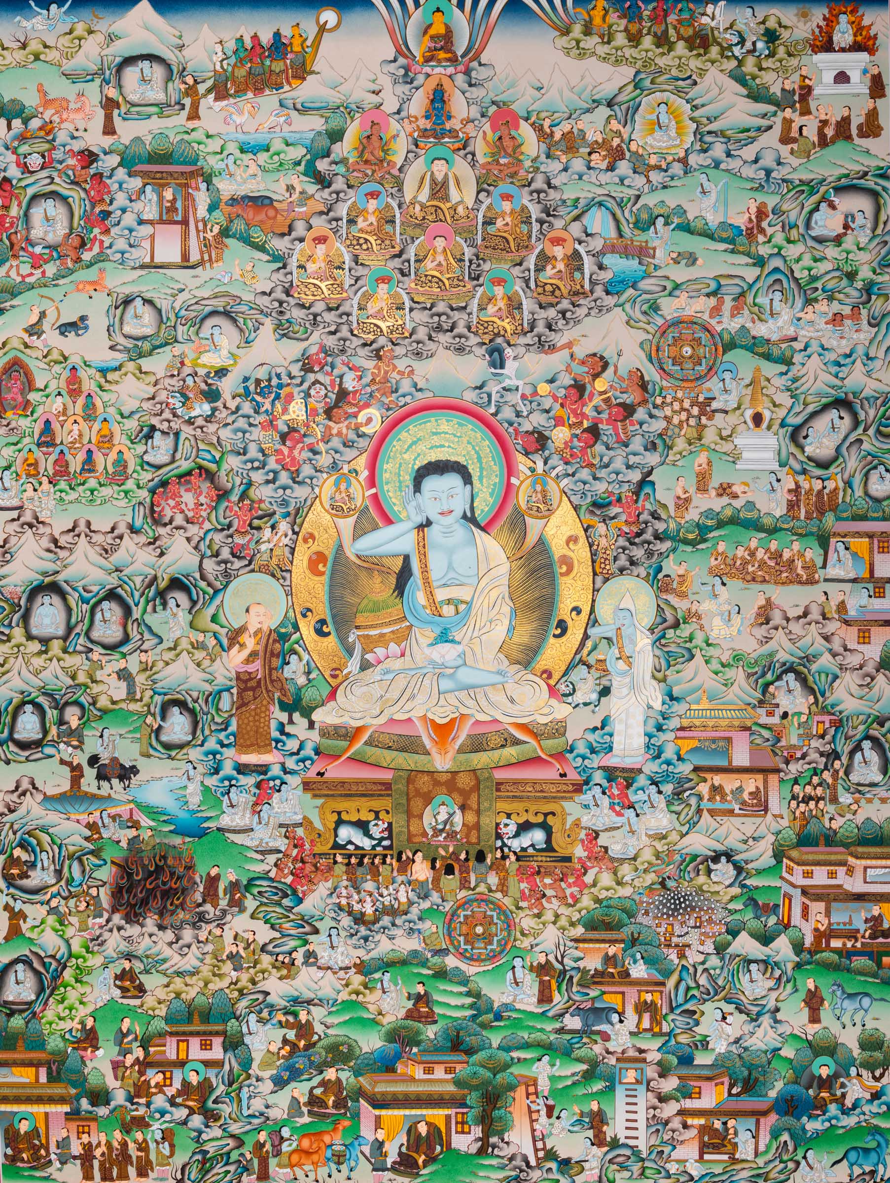 Invite the presence of Milarepa into your space. This exclusive thangka features the yogi surrounded by disciples and the intricate details of his life events. A sacred addition to your meditation practice.