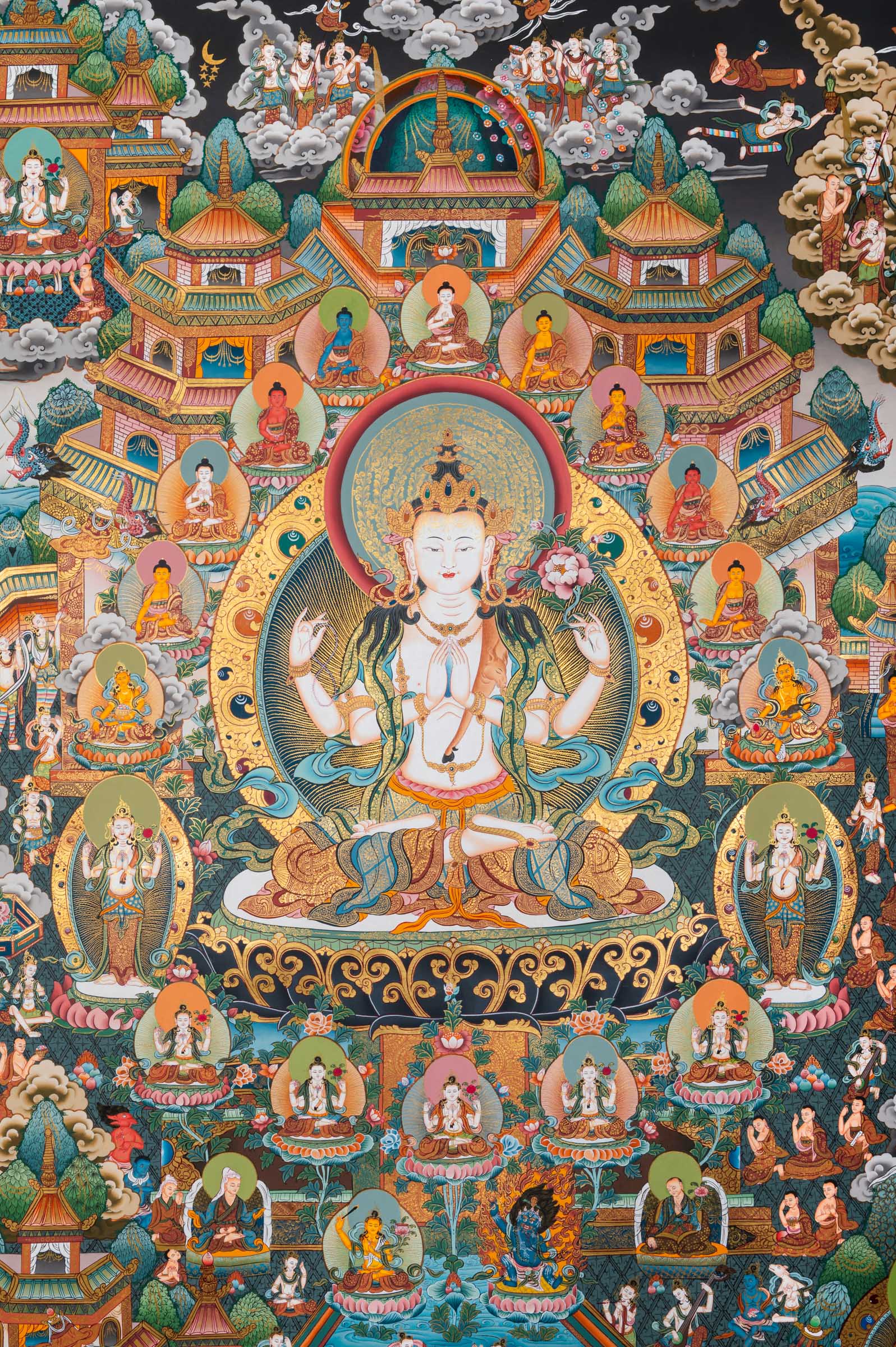 Tibetan Buddhist thangka painting of Amitābha Buddha seated at the center in meditation posture holding an alms bowl, flanked by Avalokiteśvara (Chenrezig) and Green Tārā, set within the celestial Pure Land of Sukhāvatī featuring ornate palace architecture, lotus thrones, countless bodhisattvas, disciples, offering goddesses, and devotees, intricately hand-painted in traditional Tibetan style using natural mineral pigments.