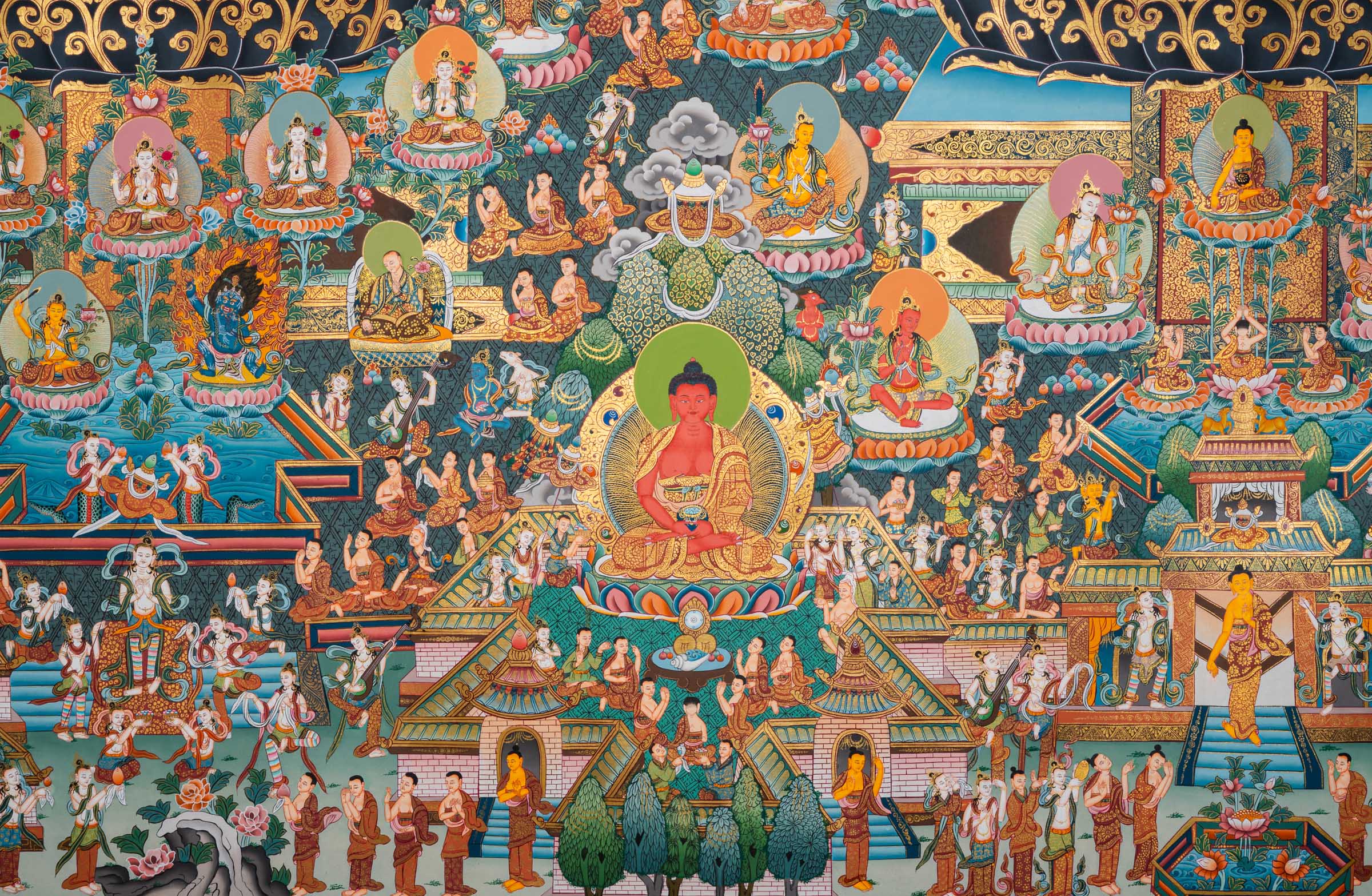 Tibetan Buddhist thangka painting of Amitābha Buddha seated at the center in meditation posture holding an alms bowl, flanked by Avalokiteśvara (Chenrezig) and Green Tārā, set within the celestial Pure Land of Sukhāvatī featuring ornate palace architecture, lotus thrones, countless bodhisattvas, disciples, offering goddesses, and devotees, intricately hand-painted in traditional Tibetan style using natural mineral pigments.