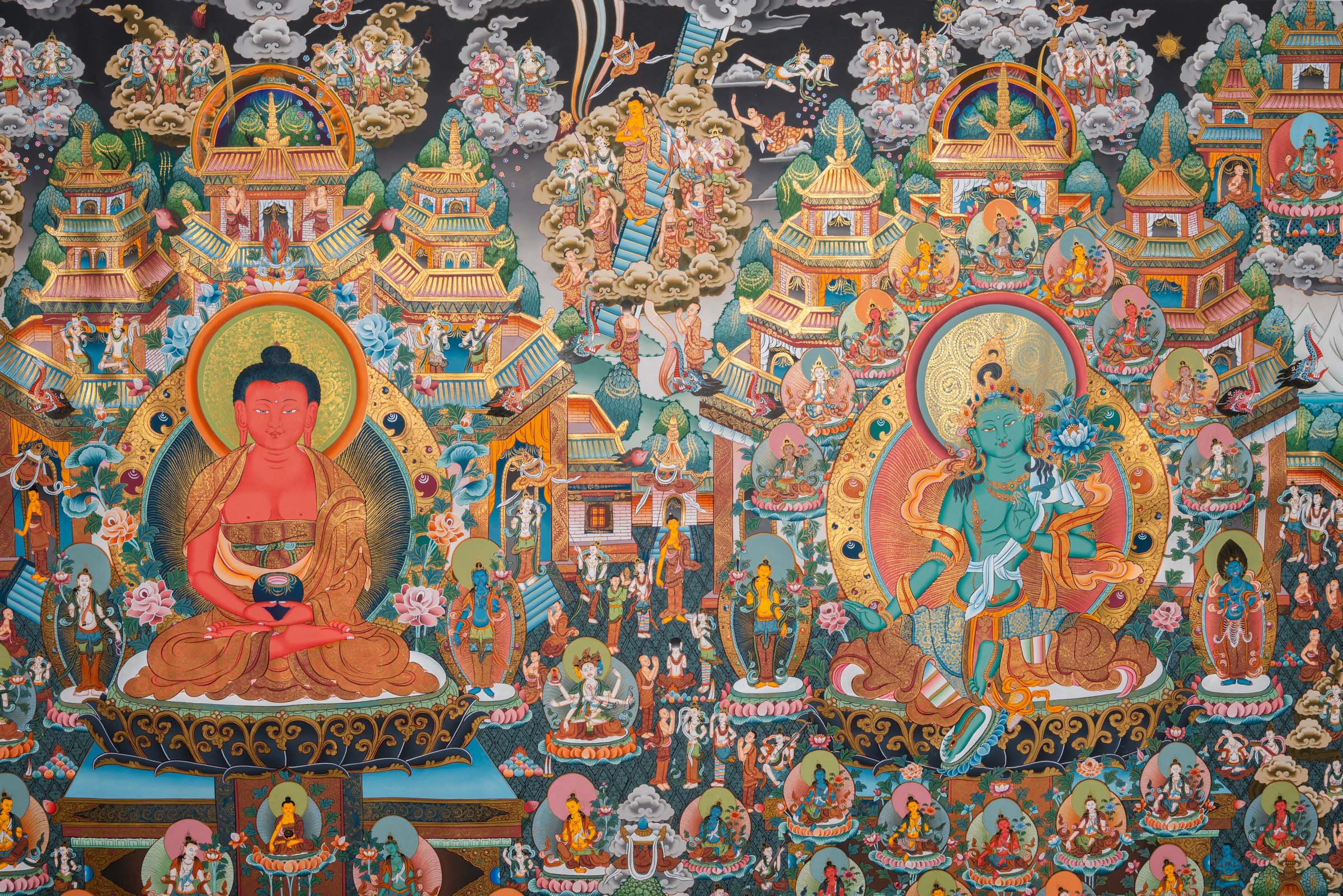 Tibetan Buddhist thangka painting of Amitābha Buddha seated at the center in meditation posture holding an alms bowl, flanked by Avalokiteśvara (Chenrezig) and Green Tārā, set within the celestial Pure Land of Sukhāvatī featuring ornate palace architecture, lotus thrones, countless bodhisattvas, disciples, offering goddesses, and devotees, intricately hand-painted in traditional Tibetan style using natural mineral pigments.