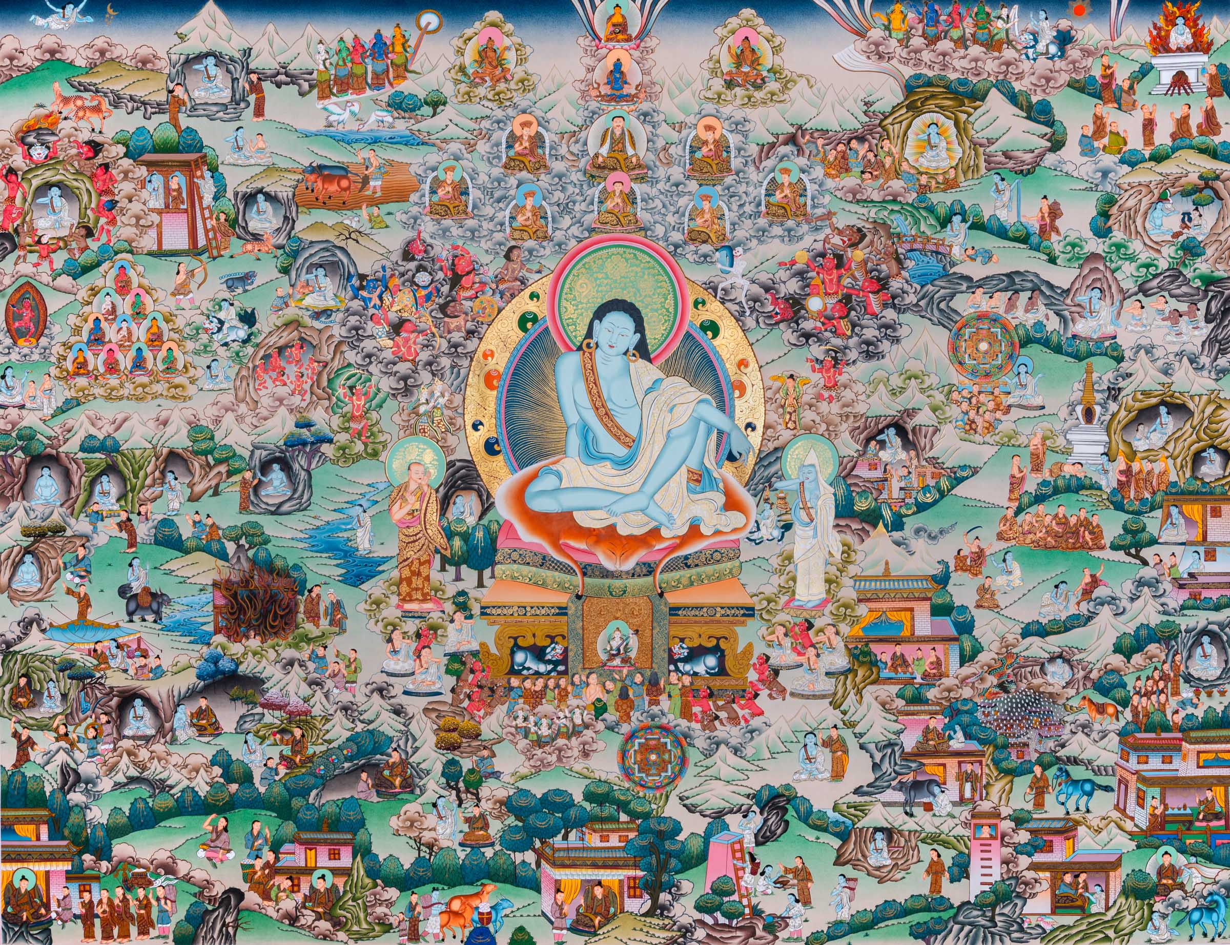 Milarepa Life story Thangka Art- yogi Saint Kagyu Lineage. Fine Artwork with details event of Milaerapa used gold and natural colors