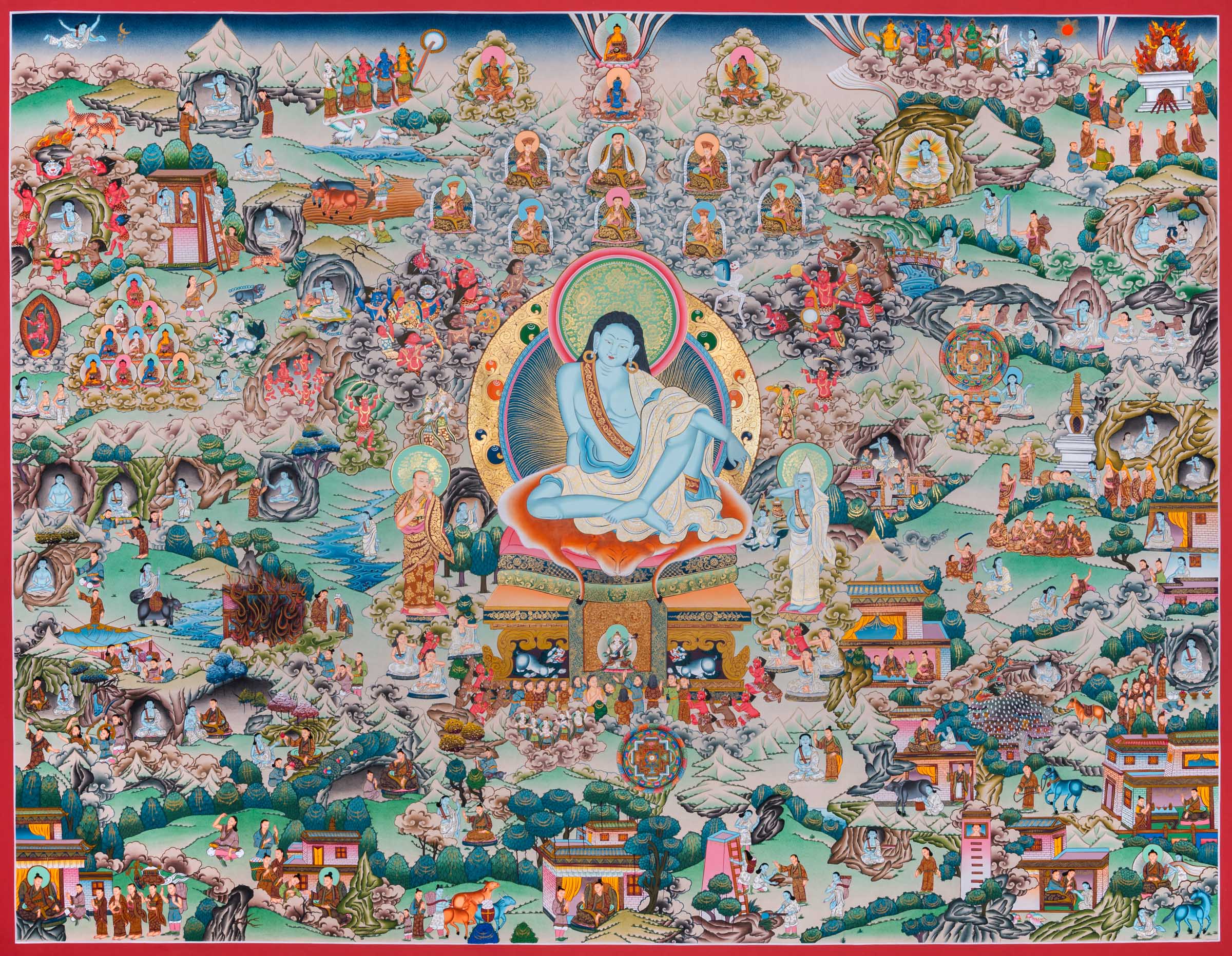 Milarepa Life story Thangka Art- yogi Saint Kagyu Lineage. Fine Artwork with details event of Milaerapa used gold and natural colors